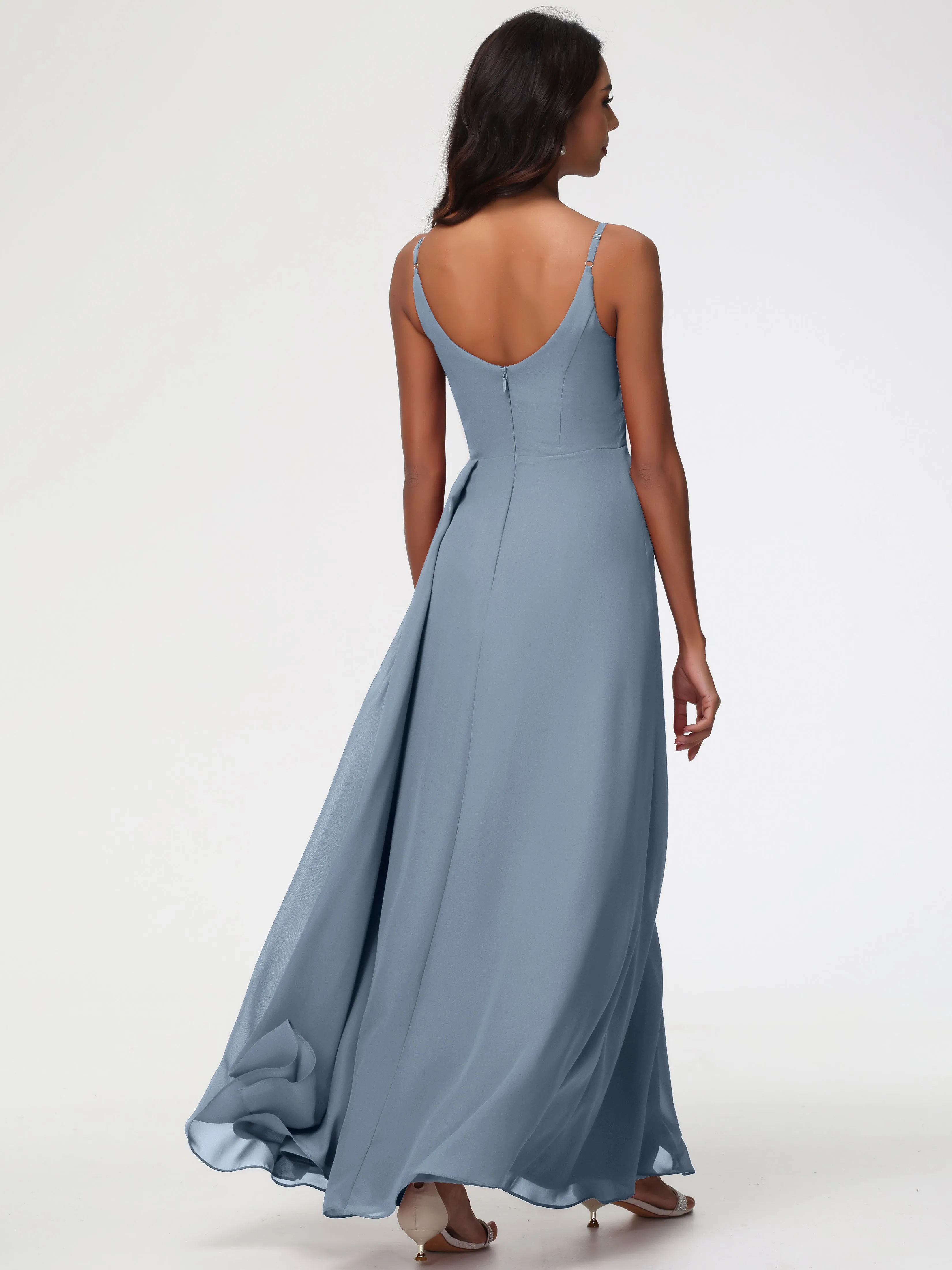 Bridesmaids Dresses Dusty Blue A-Line V-Neck Spaghetti Straps Ruched Chiffon Bridesmaid Dresses With Slit