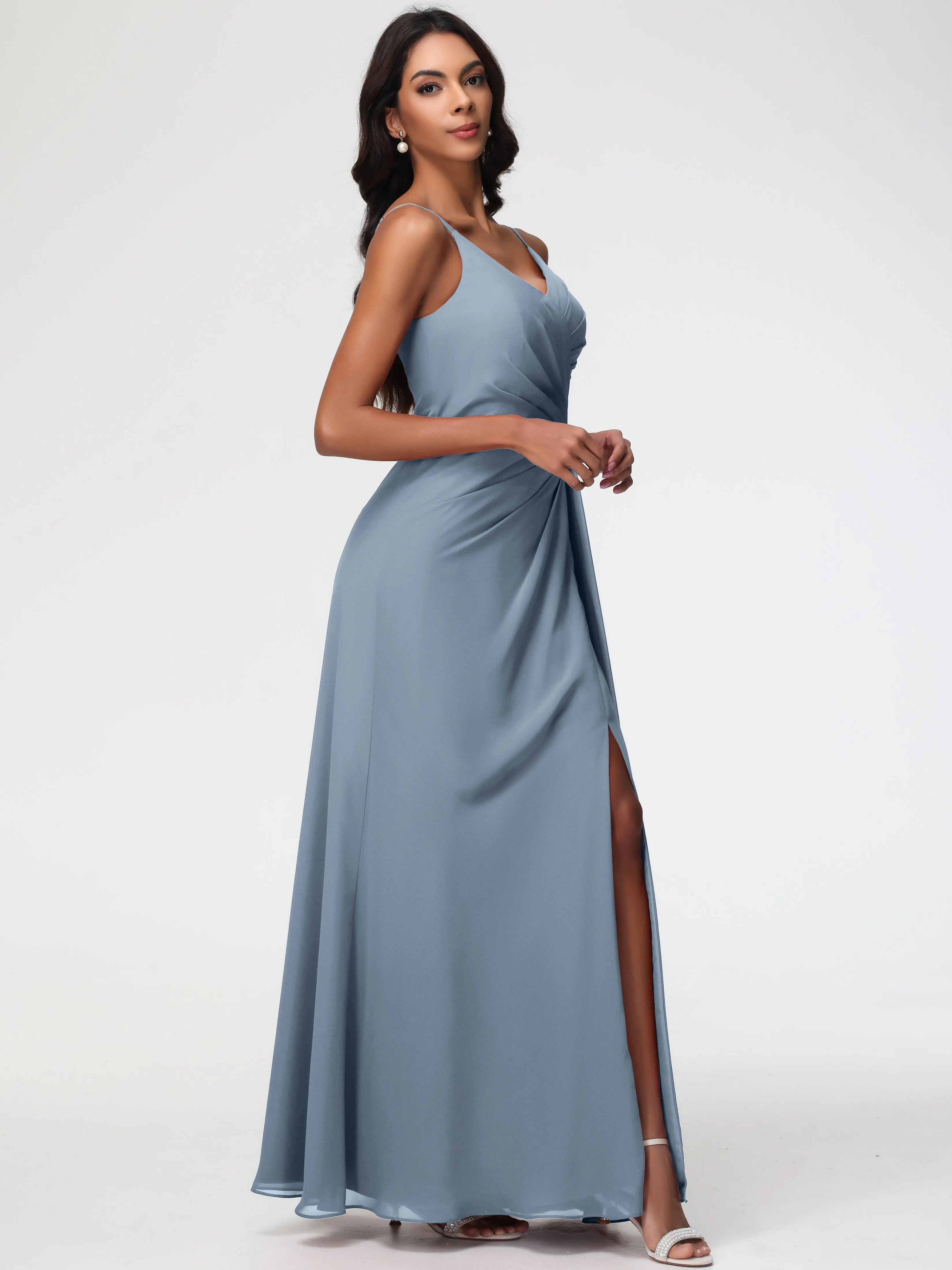 Bridesmaids Dresses Dusty Blue A-Line V-Neck Spaghetti Straps Ruched Chiffon Bridesmaid Dresses With Slit