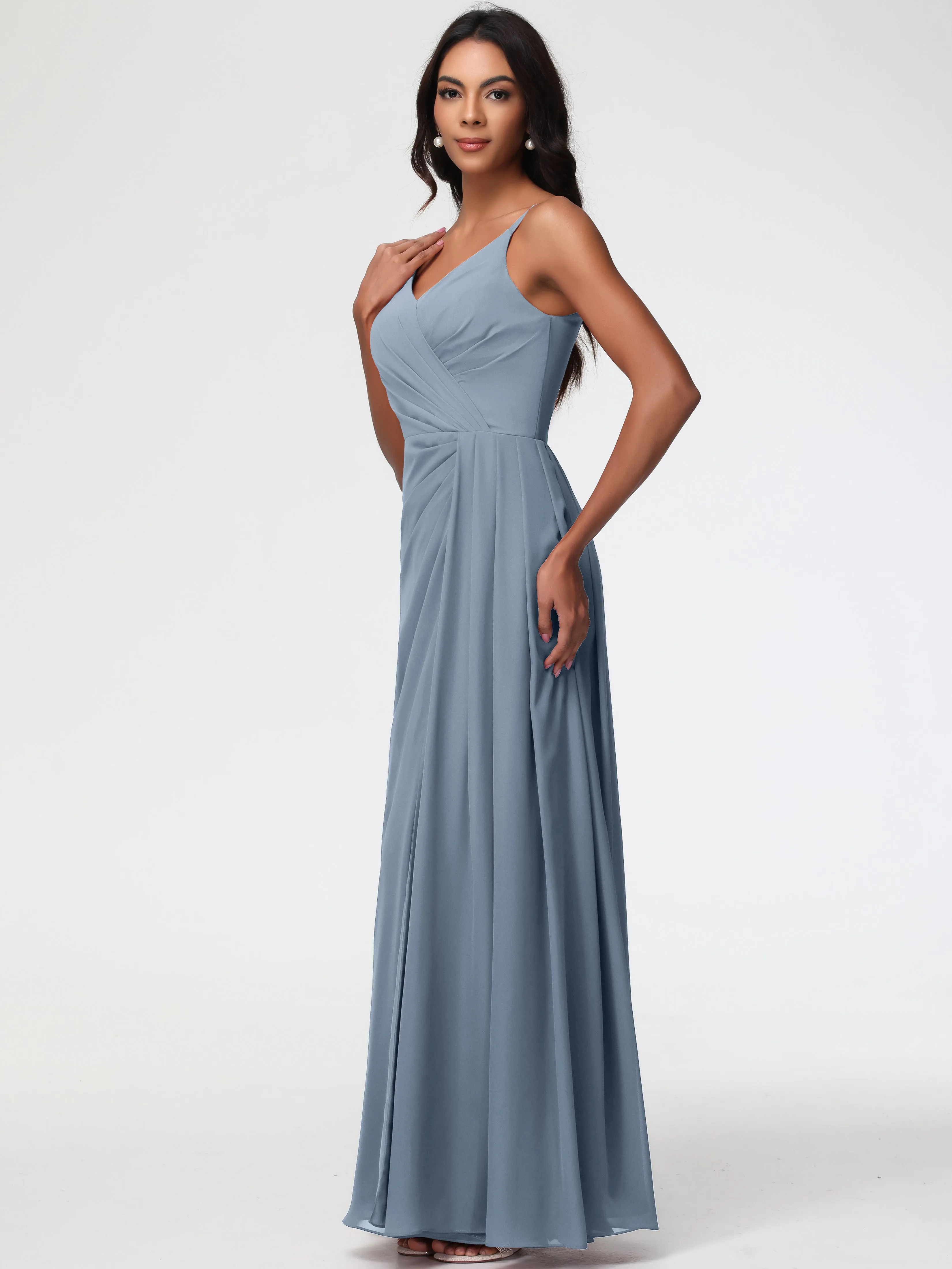 Bridesmaids Dresses Dusty Blue A-Line V-Neck Spaghetti Straps Ruched Chiffon Bridesmaid Dresses With Slit