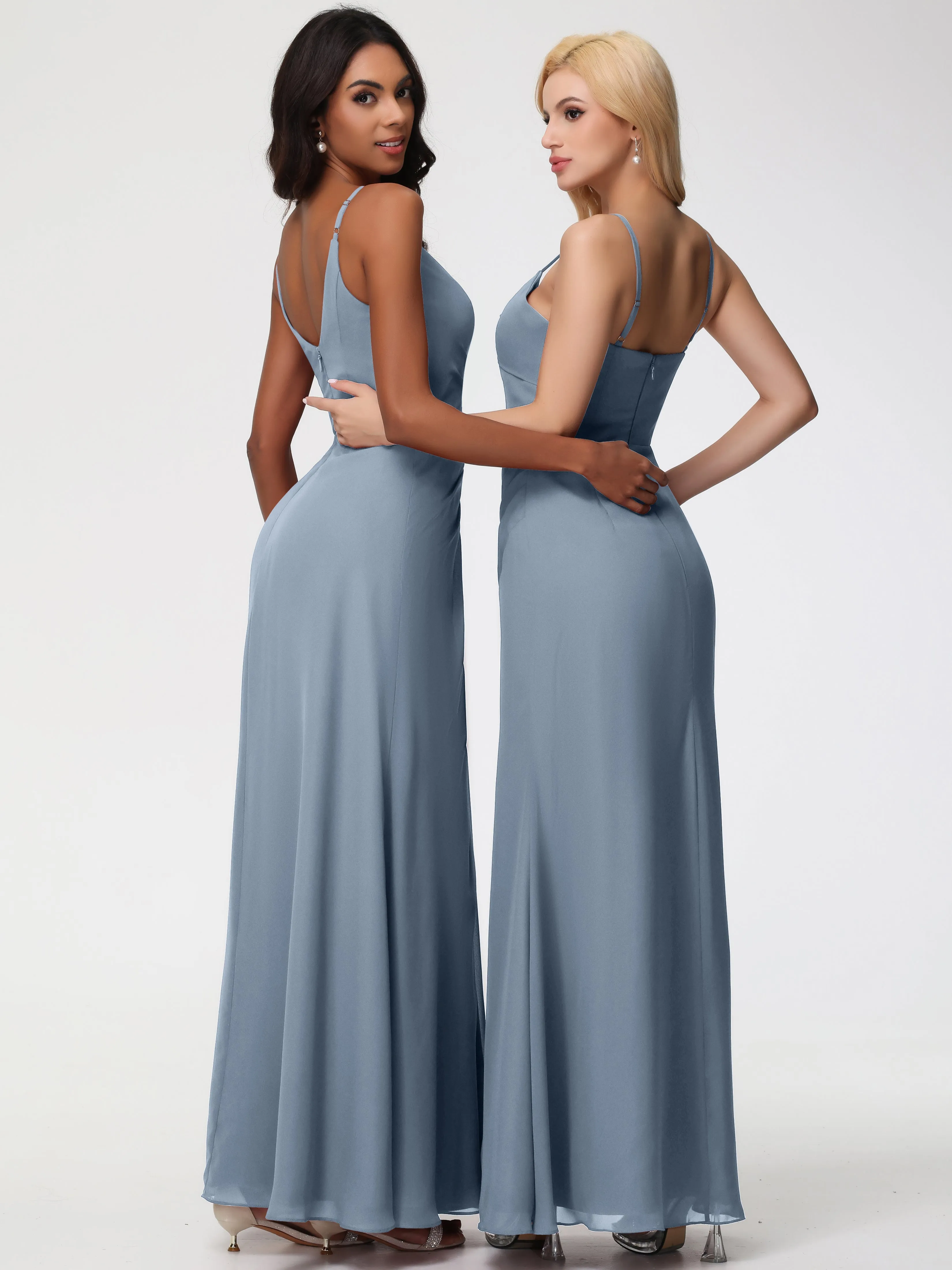Bridesmaids Dresses Dusty Blue A-Line V-Neck Spaghetti Straps Ruched Chiffon Bridesmaid Dresses With Slit