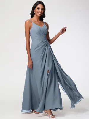 Bridesmaids Dresses Dusty Blue A-Line V-Neck Spaghetti Straps Ruched Chiffon Bridesmaid Dresses With Slit