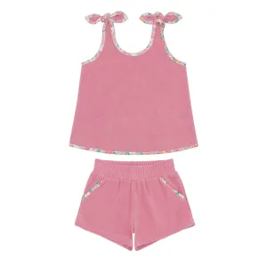 girls pink sands french terry tie-knot tank top set