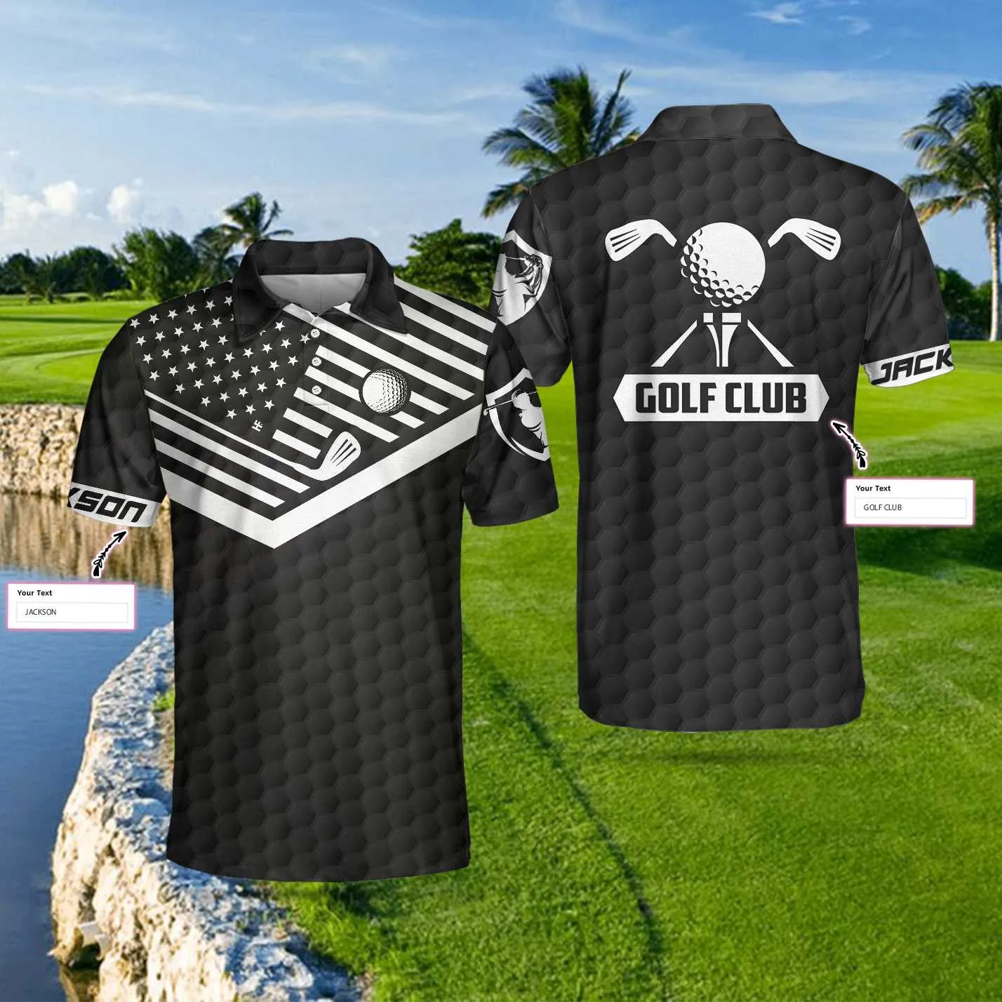 Golf Ball And Golf Club Custom Polo Shirt, Personalized Black American Flag Polo Shirt, Best Golf Shirt For Men Coolspod