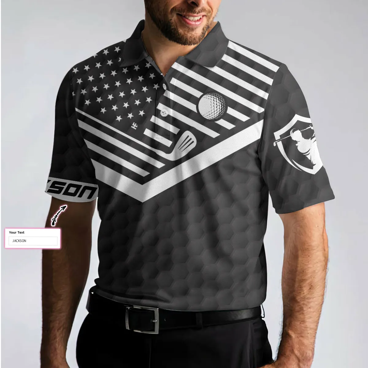 Golf Ball And Golf Club Custom Polo Shirt, Personalized Black American Flag Polo Shirt, Best Golf Shirt For Men Coolspod