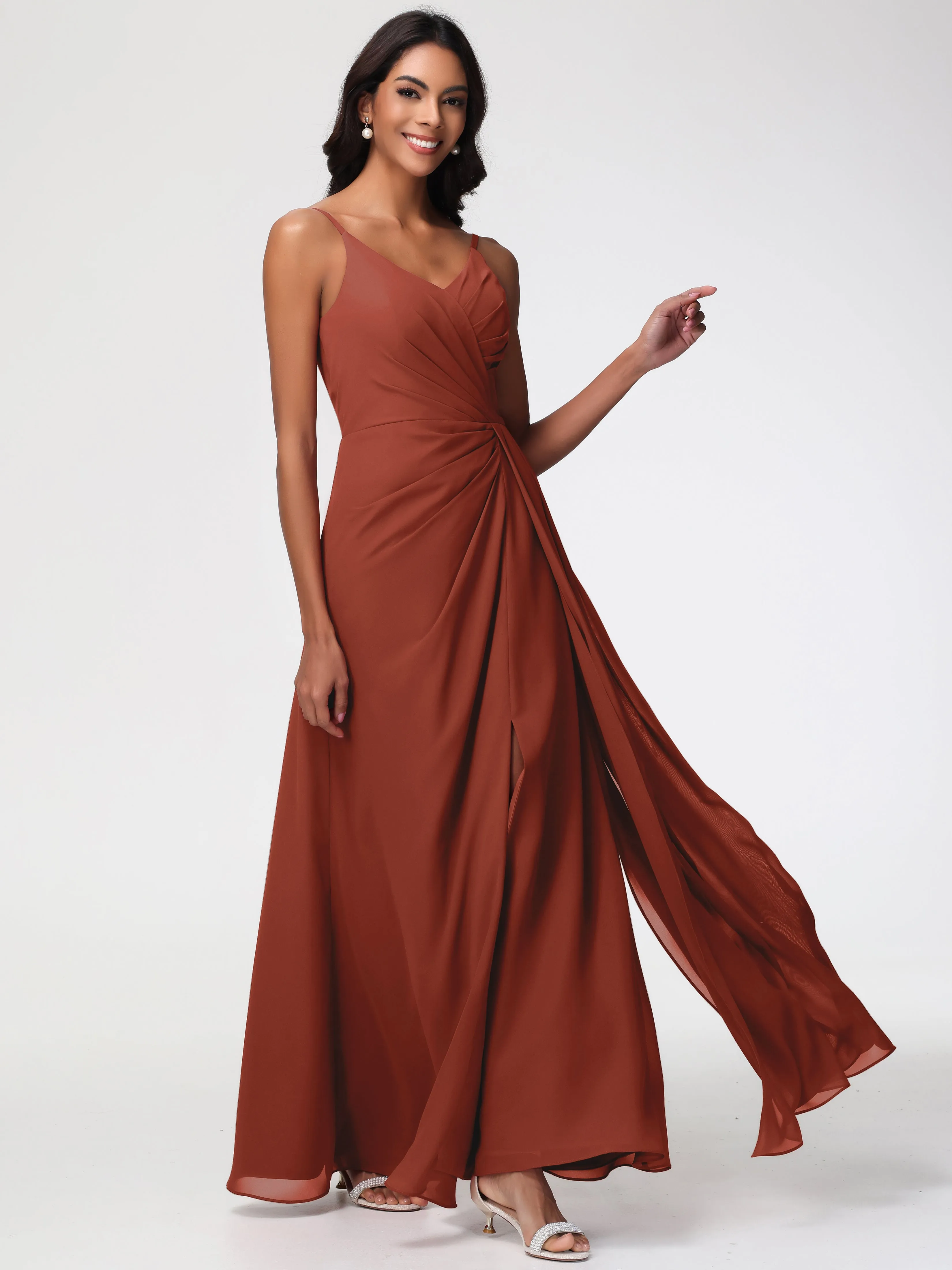 Rust Coloured Bridesmaid Dresses A-Line V-Neck Spaghetti Straps Ruched Chiffon Bridesmaid Dresses With Slit