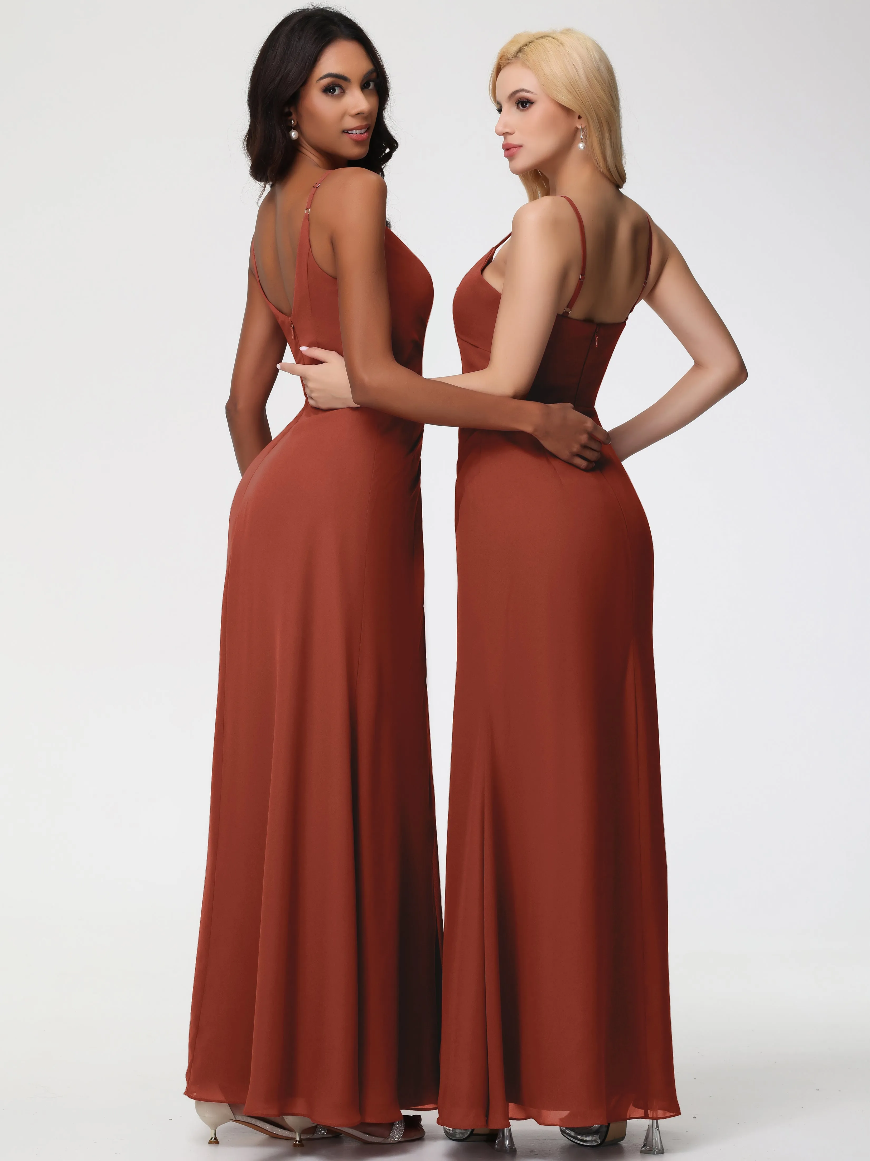 Rust Coloured Bridesmaid Dresses A-Line V-Neck Spaghetti Straps Ruched Chiffon Bridesmaid Dresses With Slit