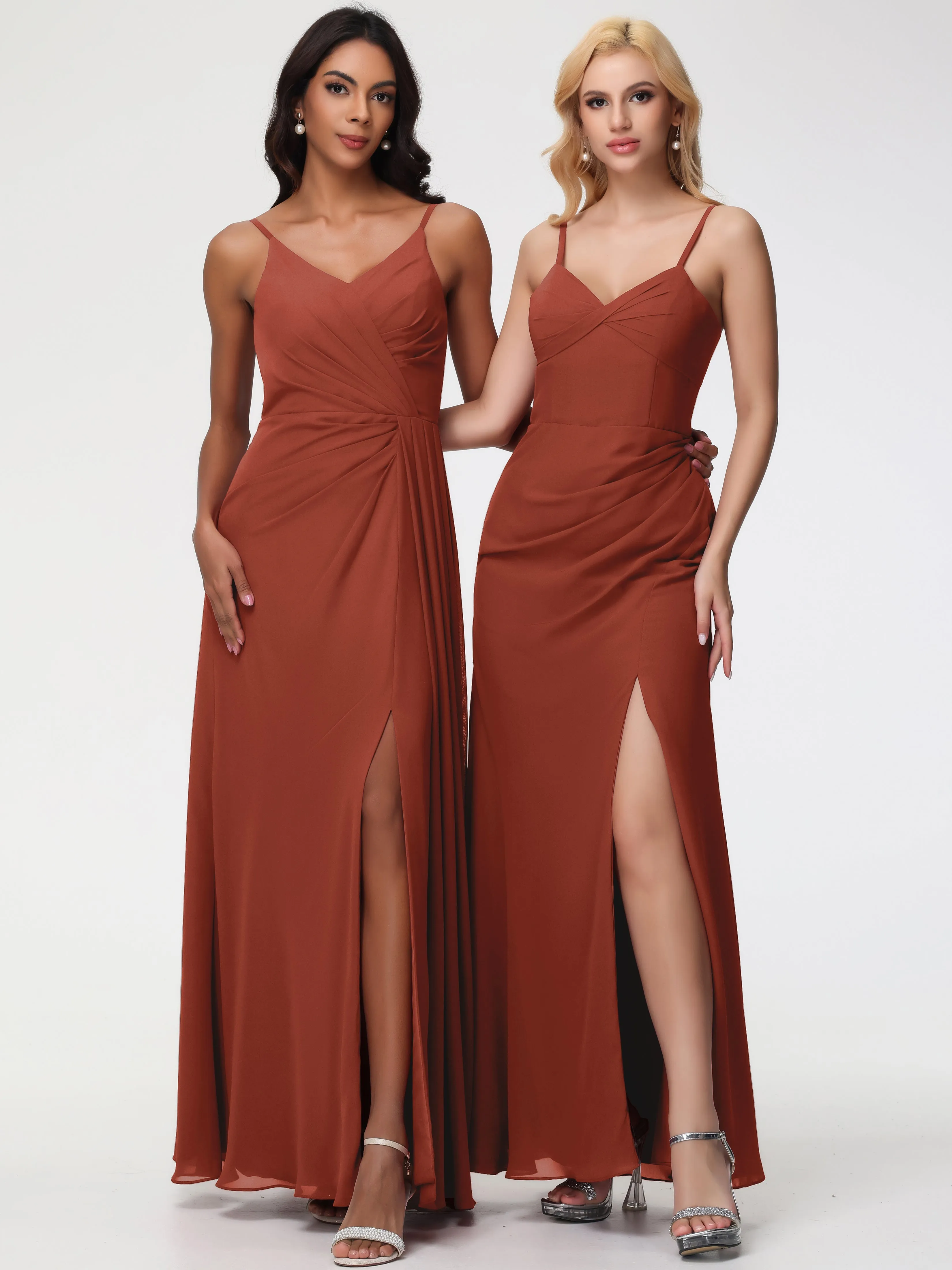Rust Coloured Bridesmaid Dresses A-Line V-Neck Spaghetti Straps Ruched Chiffon Bridesmaid Dresses With Slit