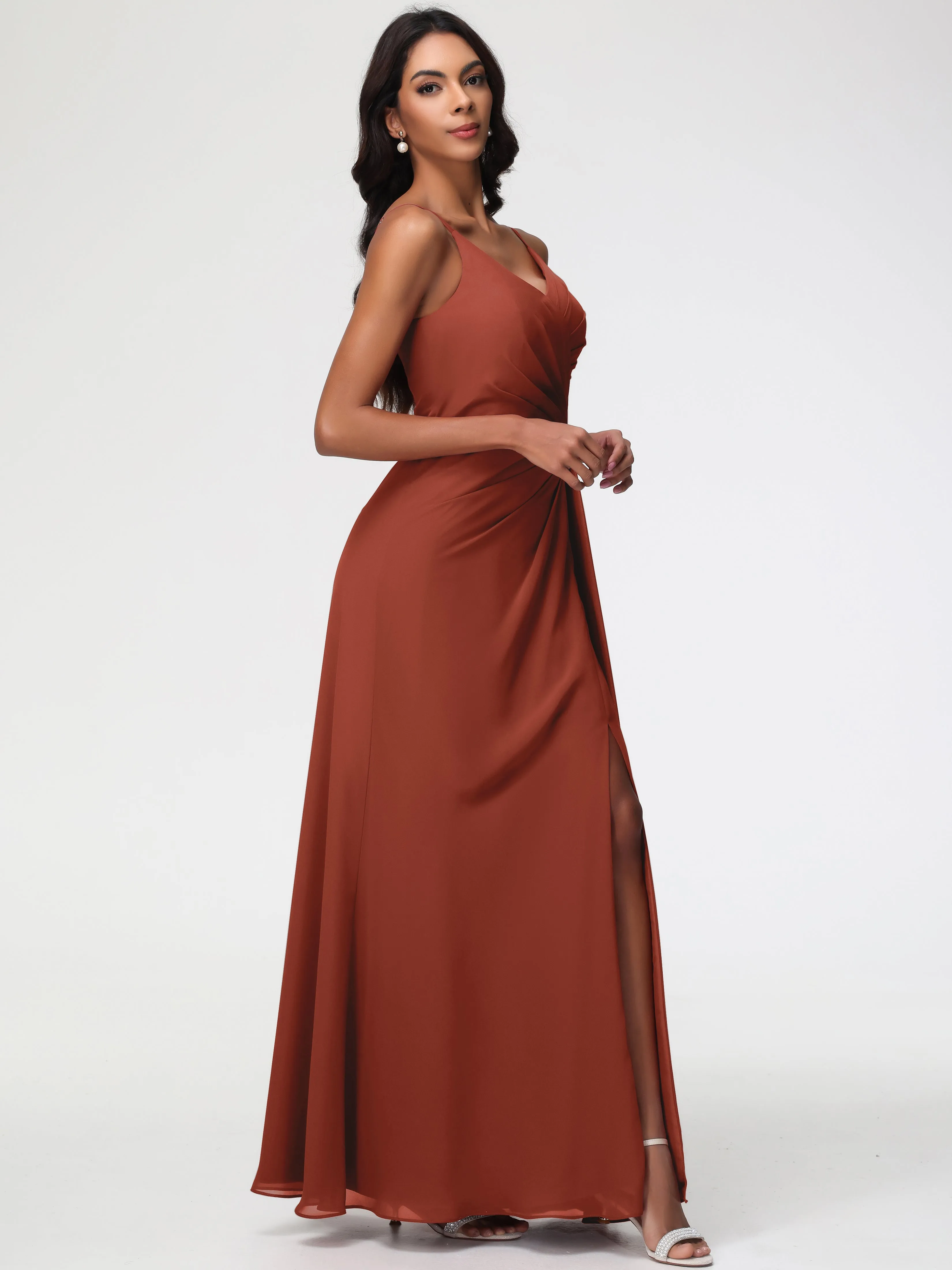 Rust Coloured Bridesmaid Dresses A-Line V-Neck Spaghetti Straps Ruched Chiffon Bridesmaid Dresses With Slit