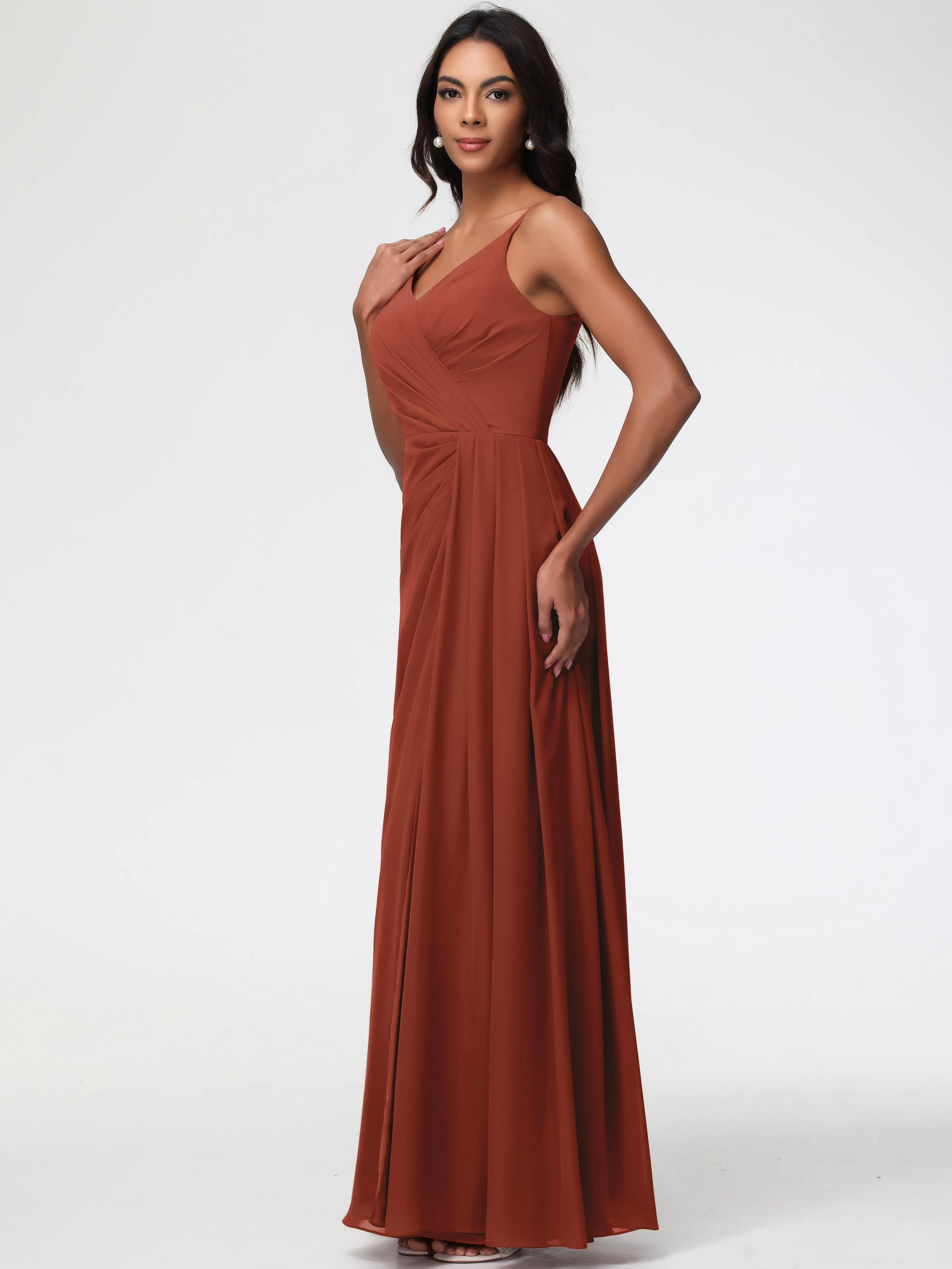 Rust Coloured Bridesmaid Dresses A-Line V-Neck Spaghetti Straps Ruched Chiffon Bridesmaid Dresses With Slit