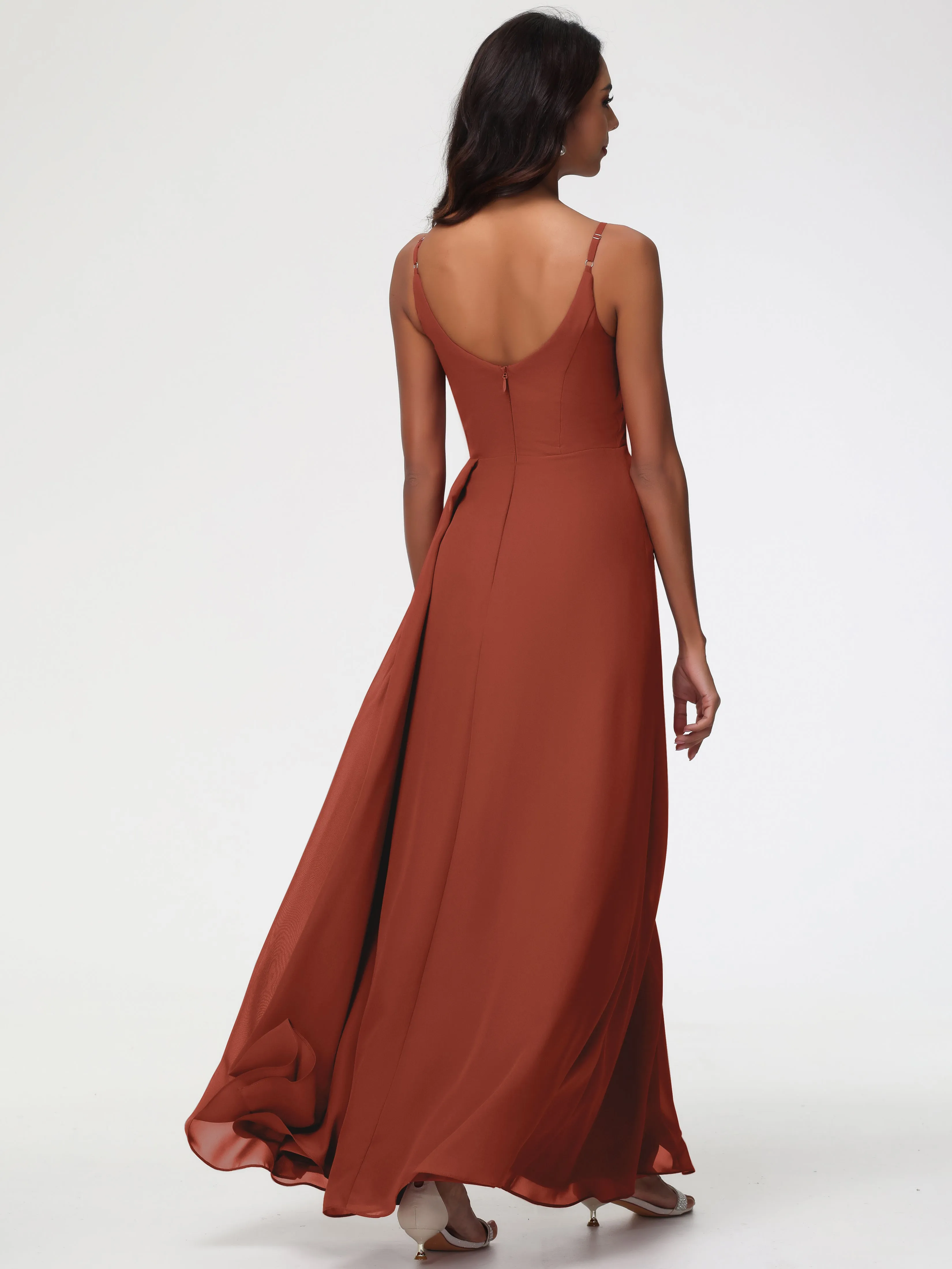 Rust Coloured Bridesmaid Dresses A-Line V-Neck Spaghetti Straps Ruched Chiffon Bridesmaid Dresses With Slit