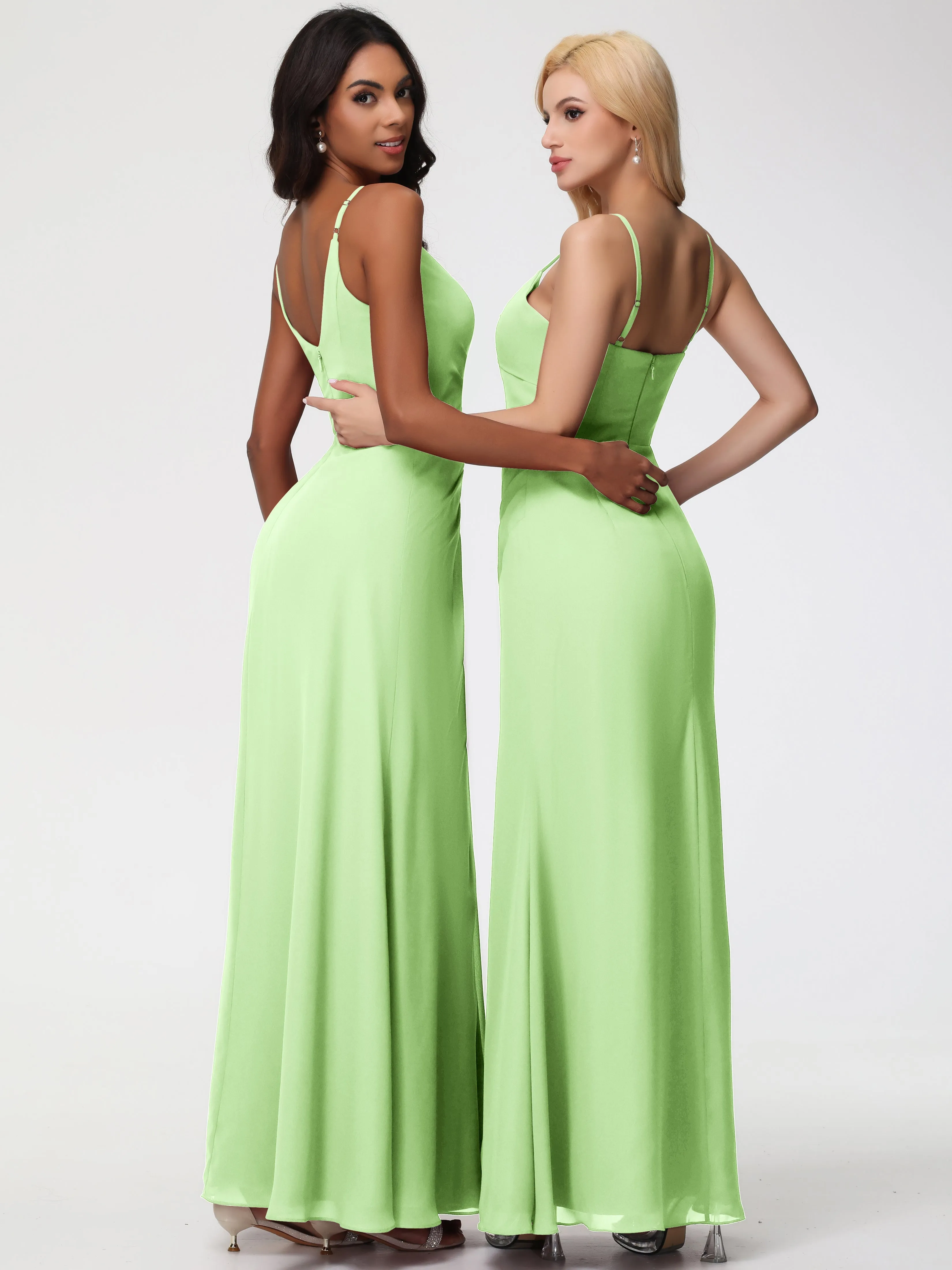 Sage Green Bridesmaid A-Line V-Neck Spaghetti Straps Ruched Chiffon Bridesmaid Dresses With Slit