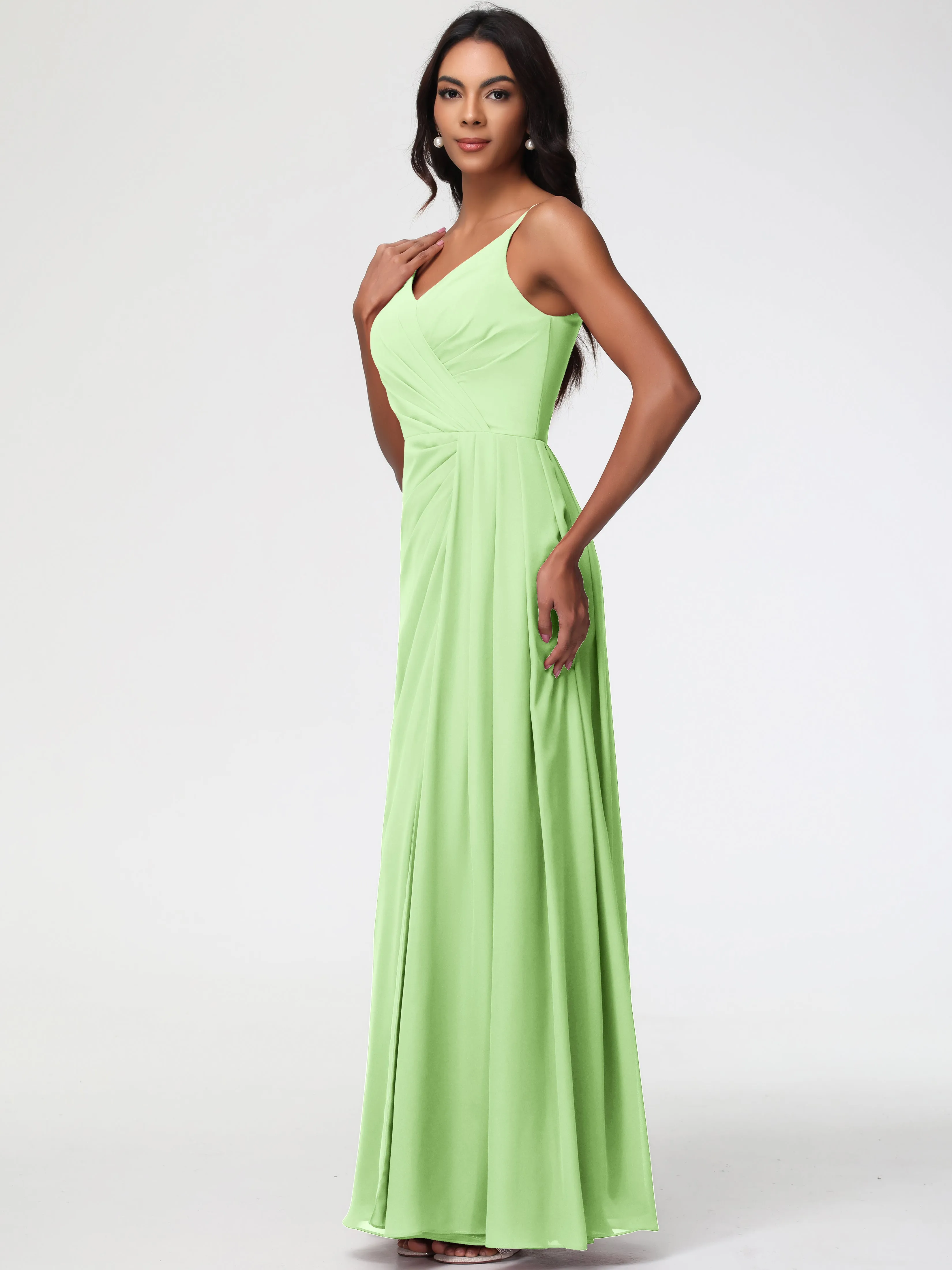 Sage Green Bridesmaid A-Line V-Neck Spaghetti Straps Ruched Chiffon Bridesmaid Dresses With Slit