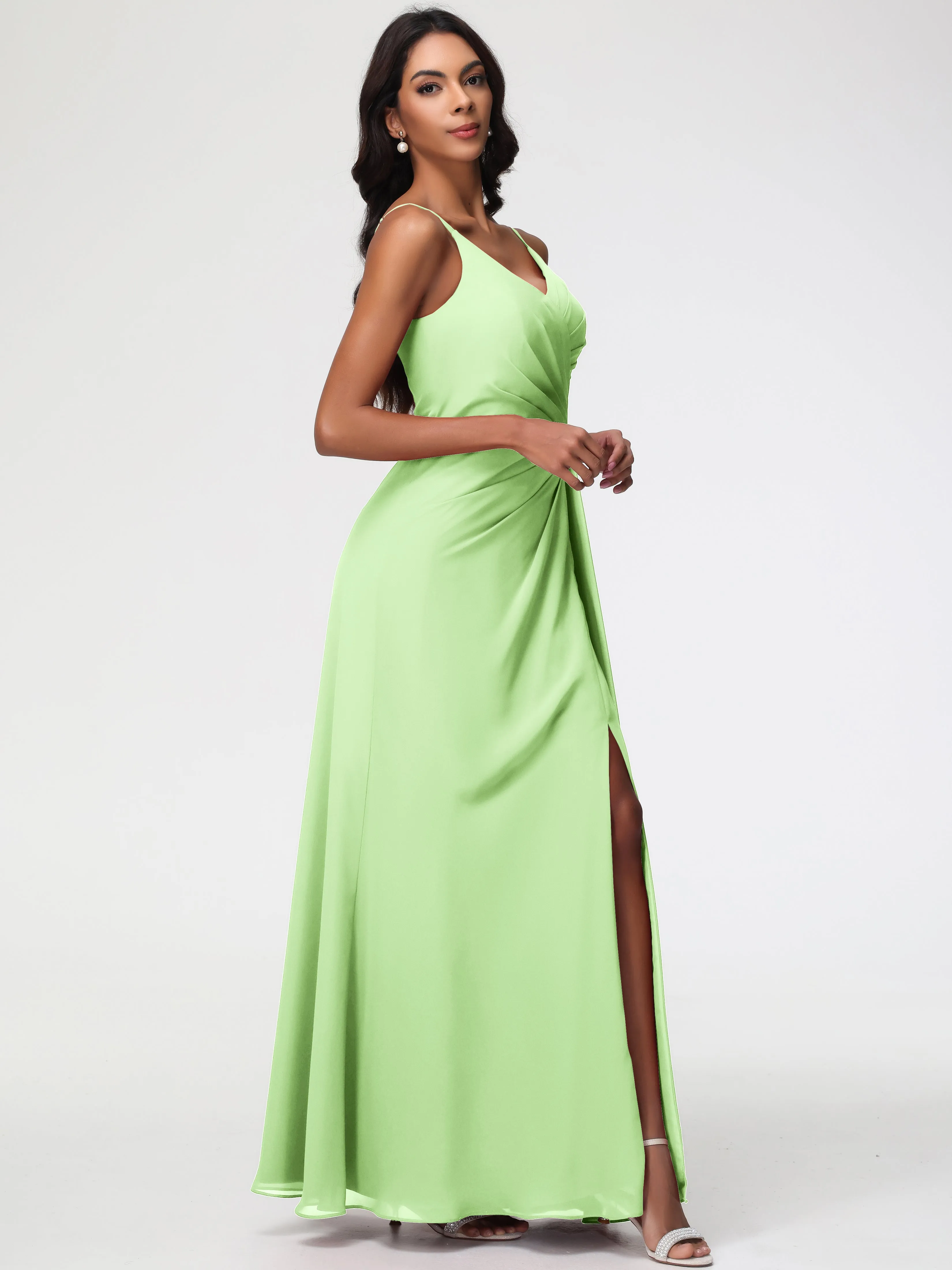 Sage Green Bridesmaid A-Line V-Neck Spaghetti Straps Ruched Chiffon Bridesmaid Dresses With Slit