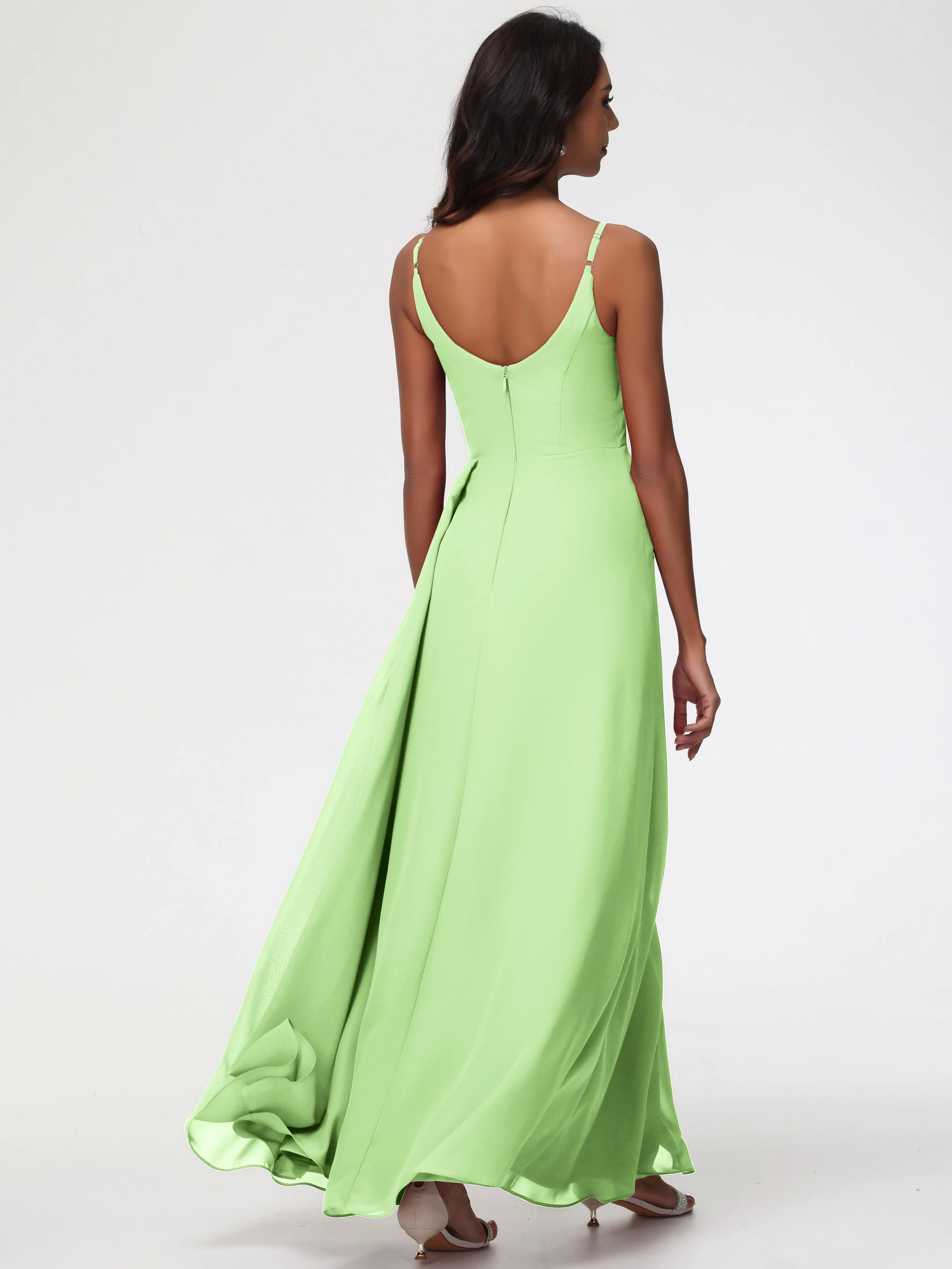 Sage Green Bridesmaid A-Line V-Neck Spaghetti Straps Ruched Chiffon Bridesmaid Dresses With Slit
