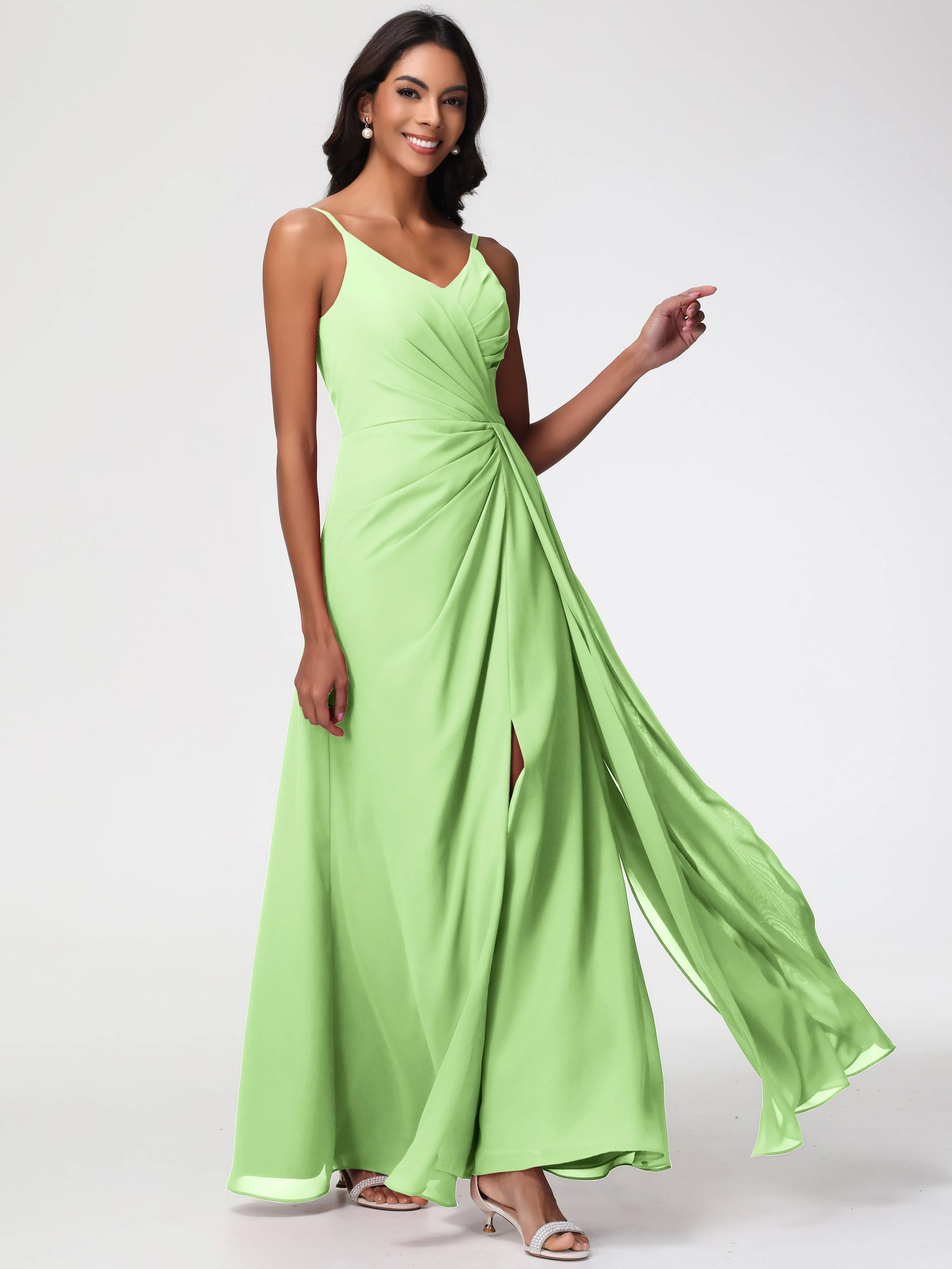 Sage Green Bridesmaid A-Line V-Neck Spaghetti Straps Ruched Chiffon Bridesmaid Dresses With Slit