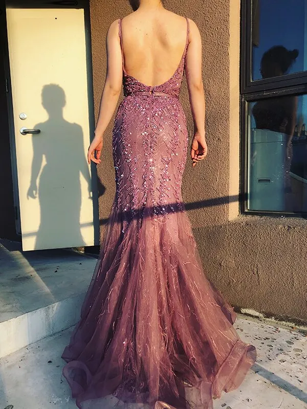 Selina Luxury Mermiad Sexy Prom Dress With Feather Tassel Long Prom Evening Gowns SC048