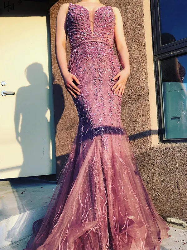 Selina Luxury Mermiad Sexy Prom Dress With Feather Tassel Long Prom Evening Gowns SC048