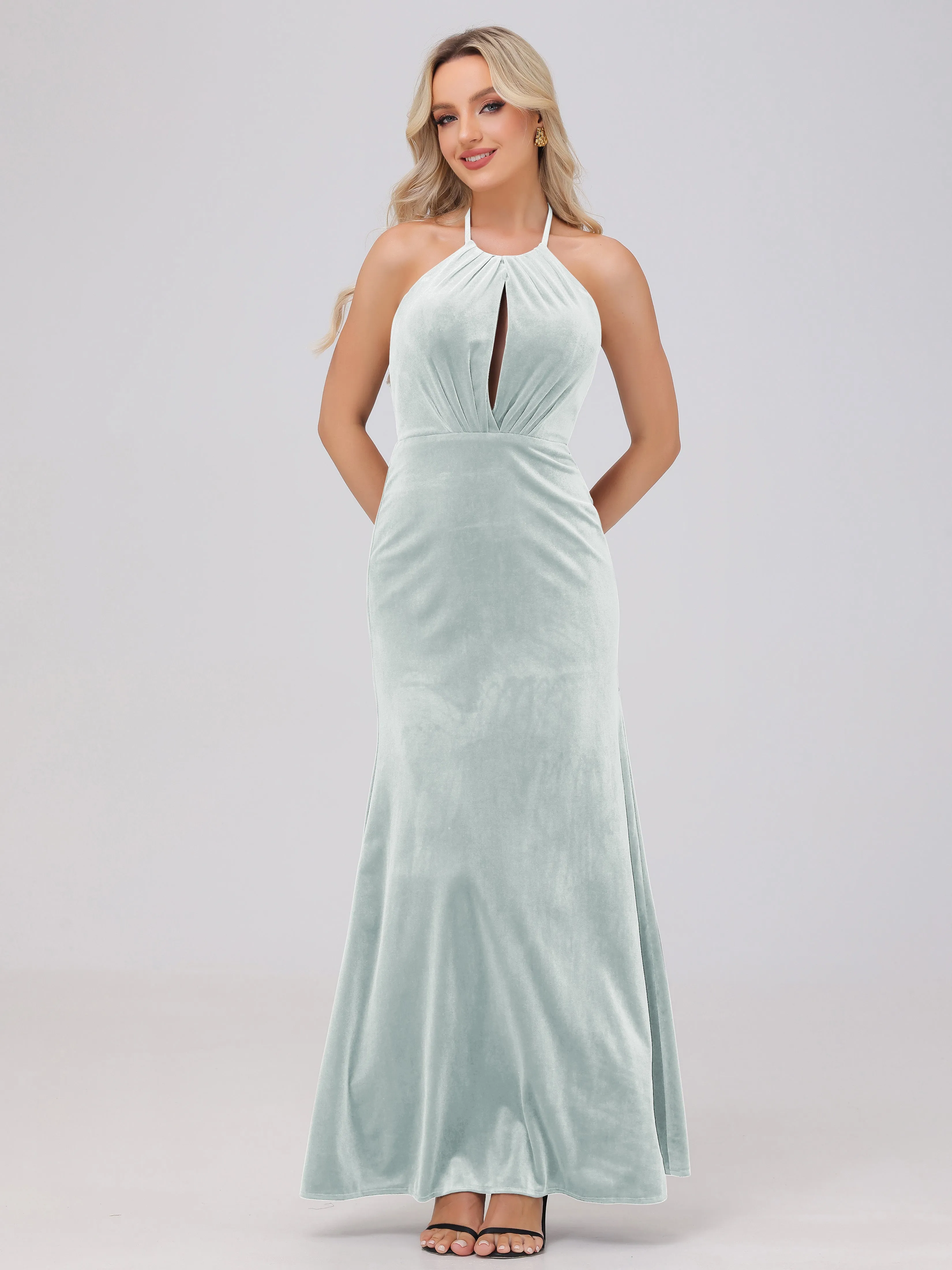 Sheath Halter Floor Length Open Back Velvet Bridesmaid Dresses