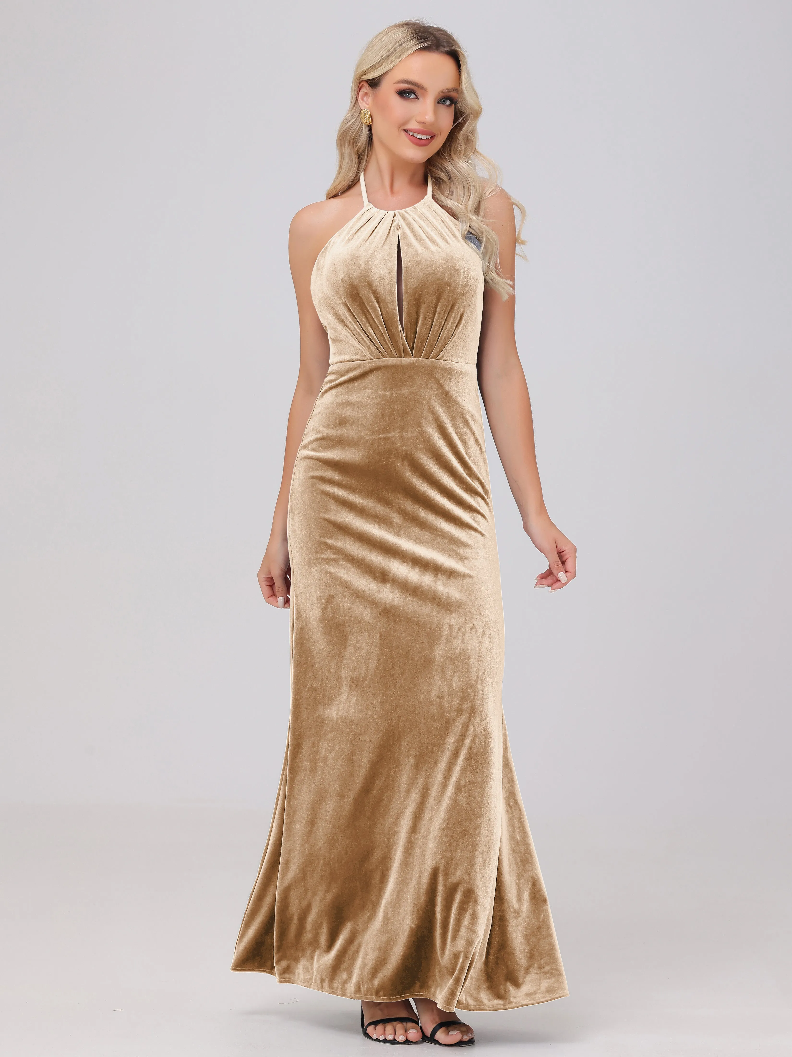 Sheath Halter Floor Length Open Back Velvet Bridesmaid Dresses
