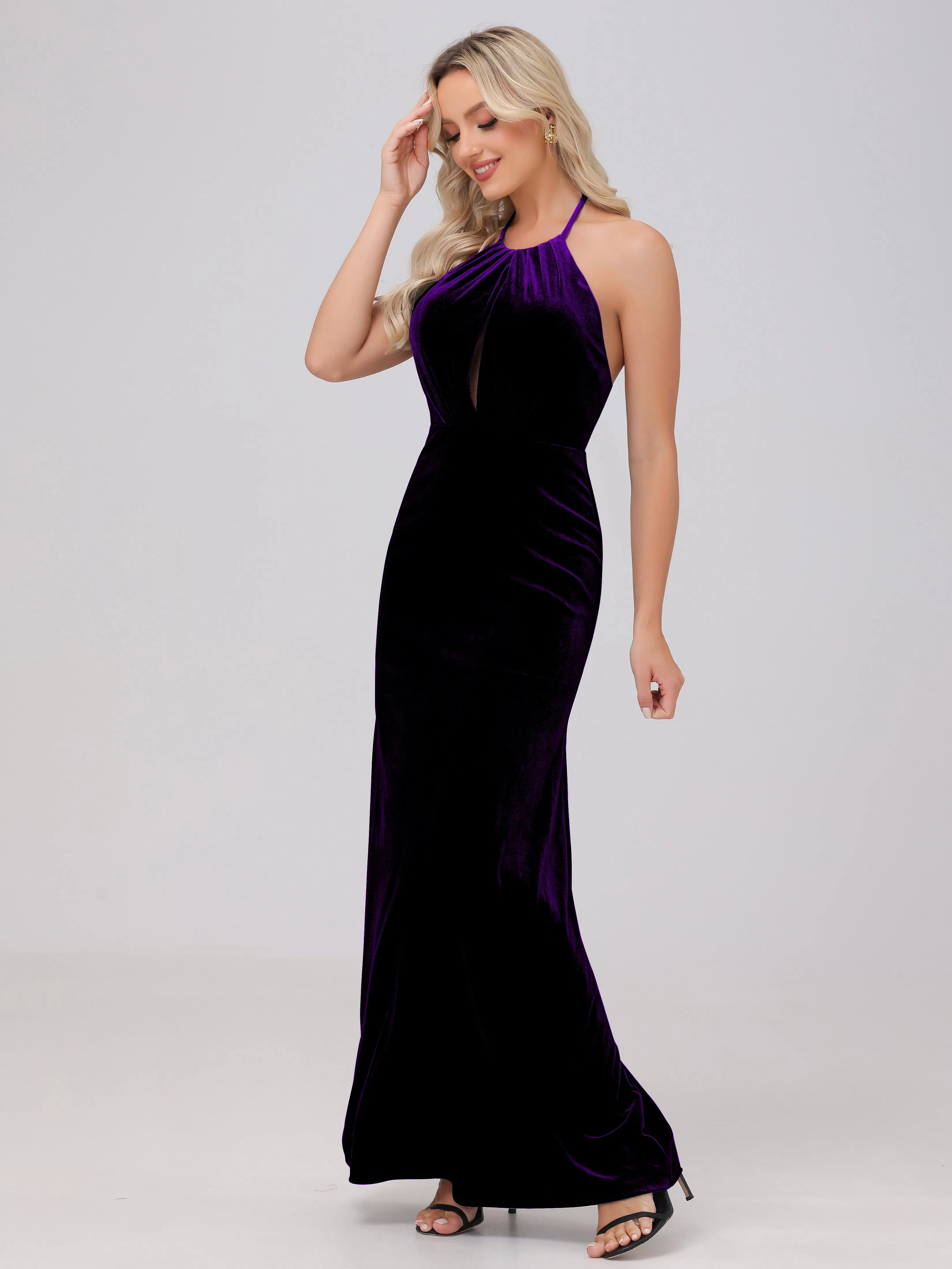 Sheath Halter Floor Length Open Back Velvet Bridesmaid Dresses