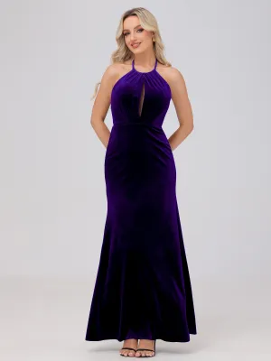 Sheath Halter Floor Length Open Back Velvet Bridesmaid Dresses