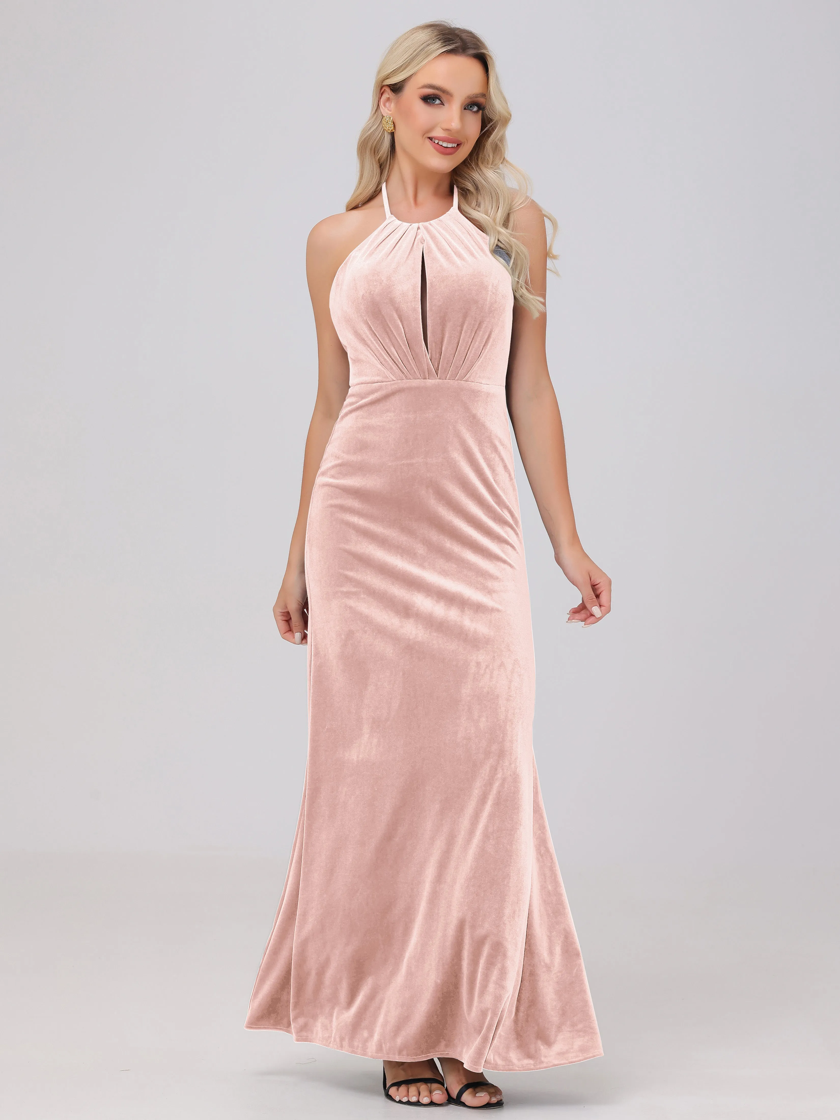 Sheath Halter Floor Length Open Back Velvet Bridesmaid Dresses