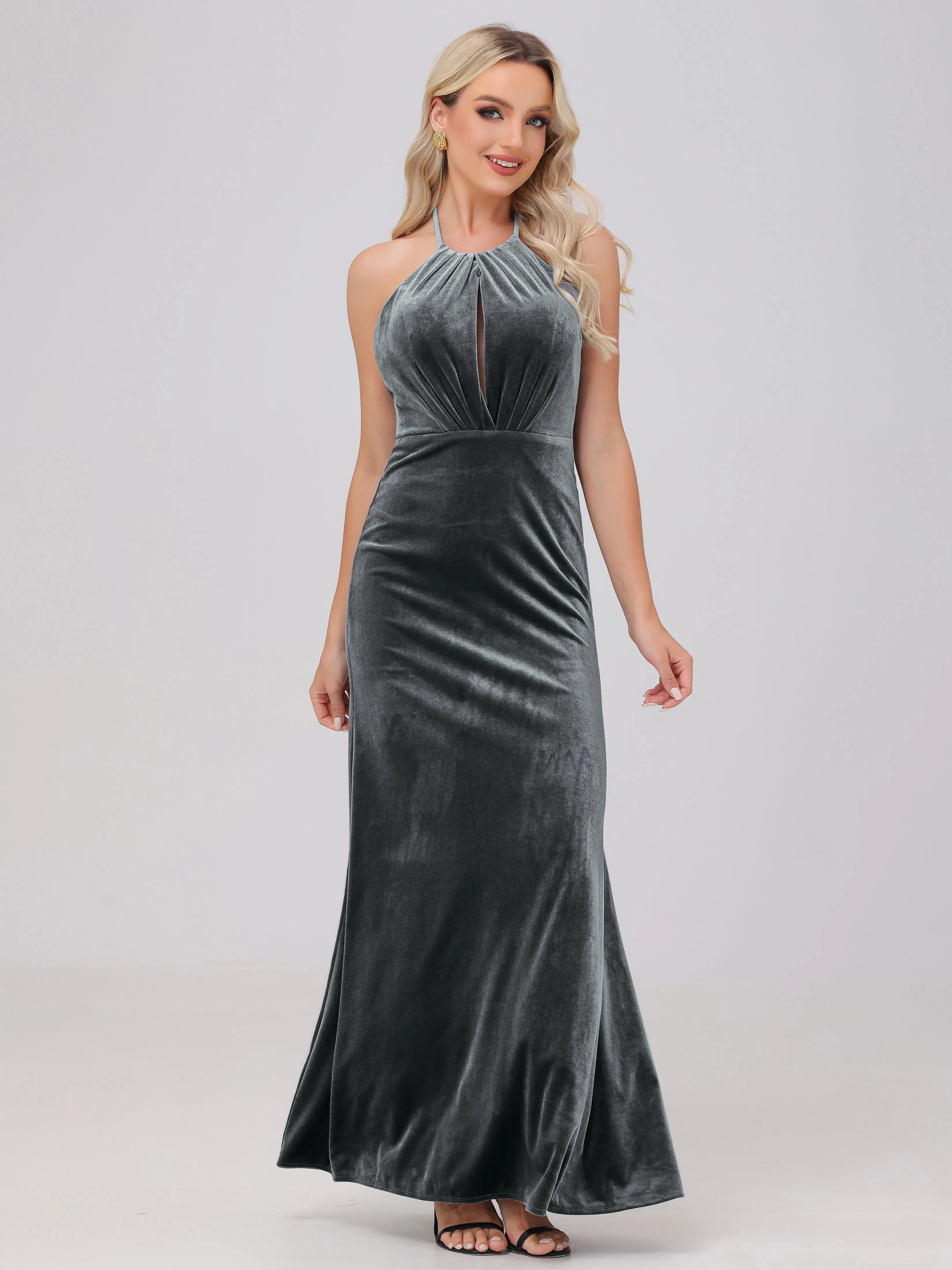 Sheath Halter Floor Length Open Back Velvet Bridesmaid Dresses