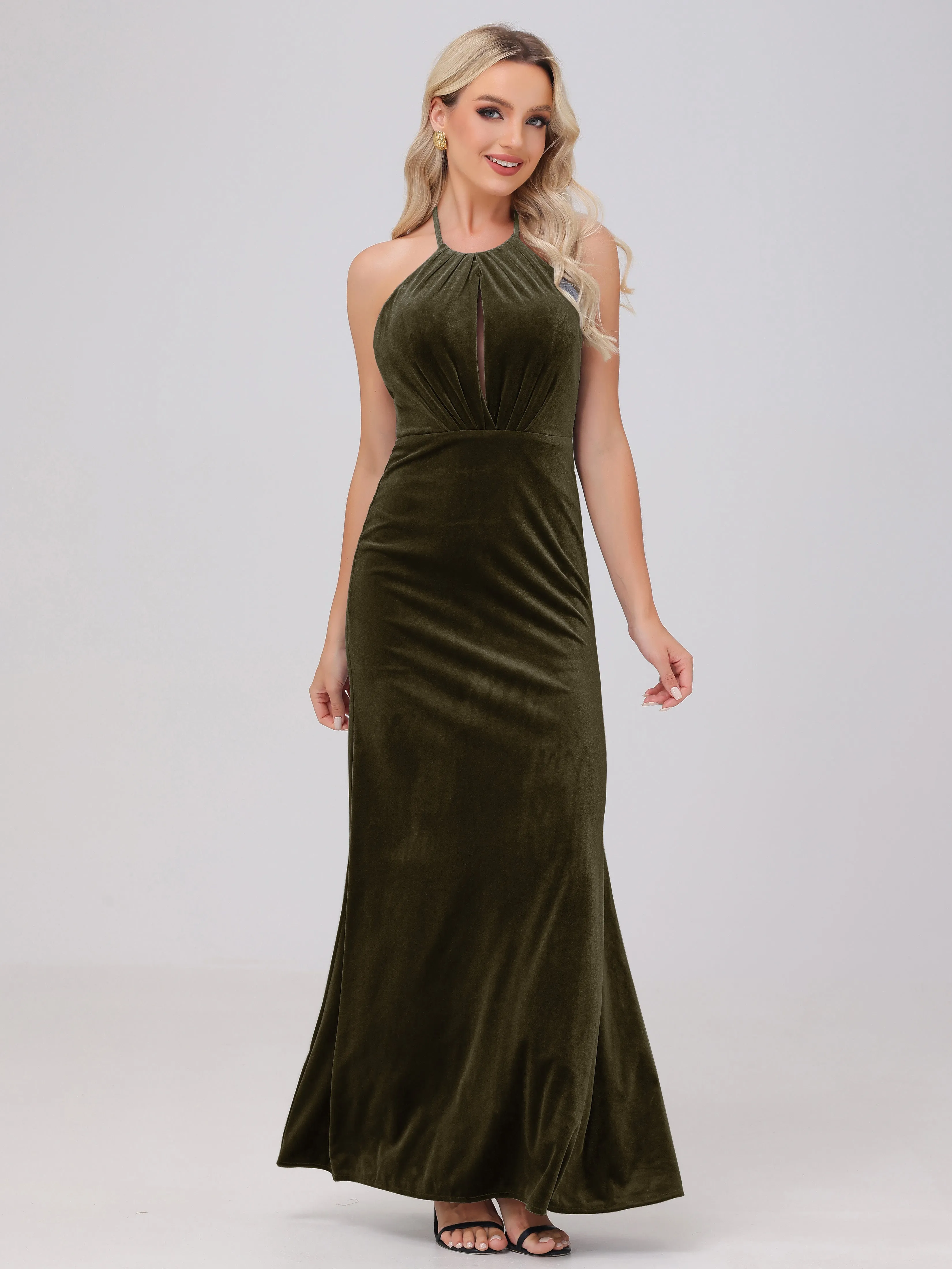 Sheath Halter Floor Length Open Back Velvet Bridesmaid Dresses