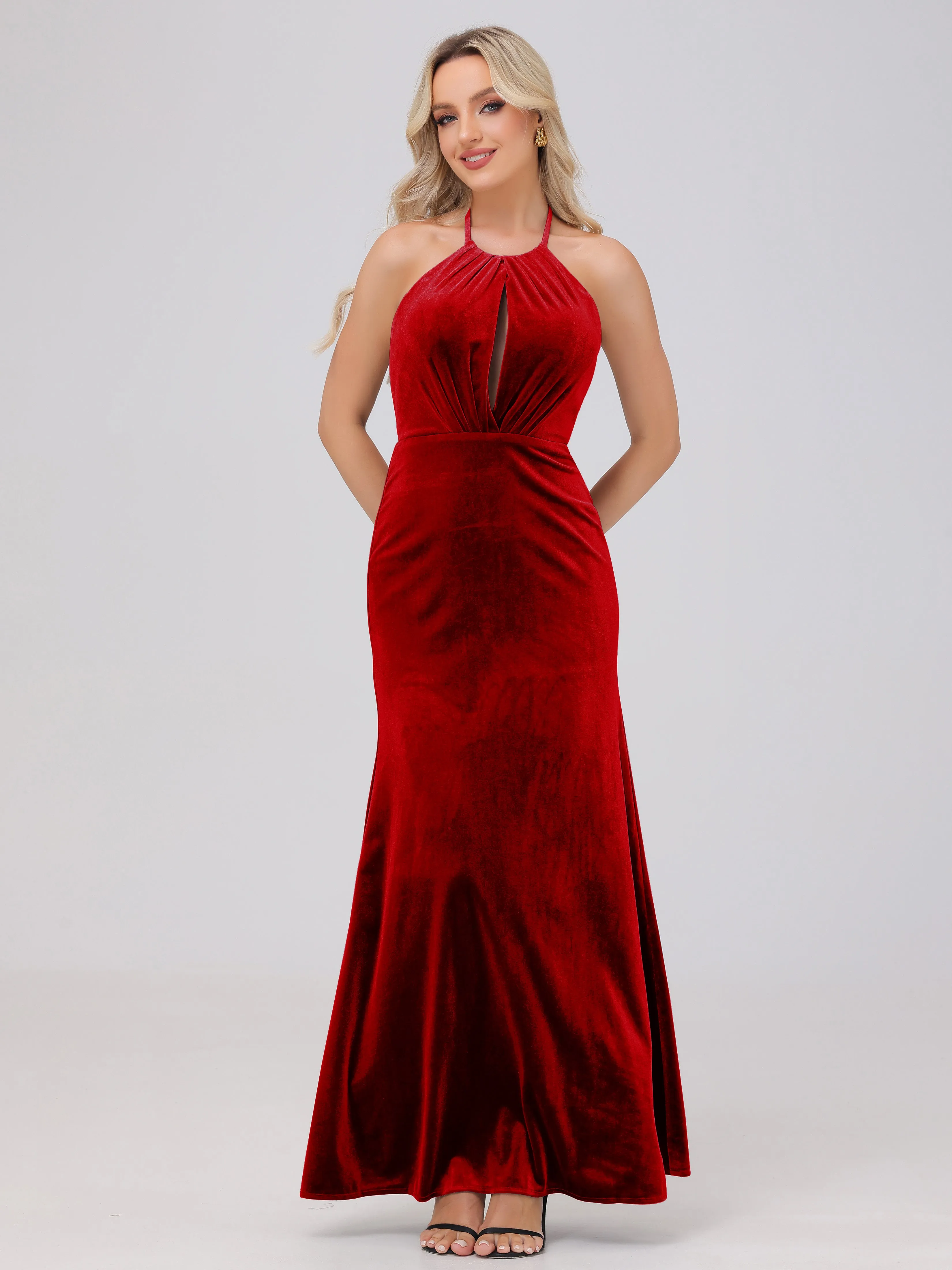 Sheath Halter Floor Length Open Back Velvet Bridesmaid Dresses