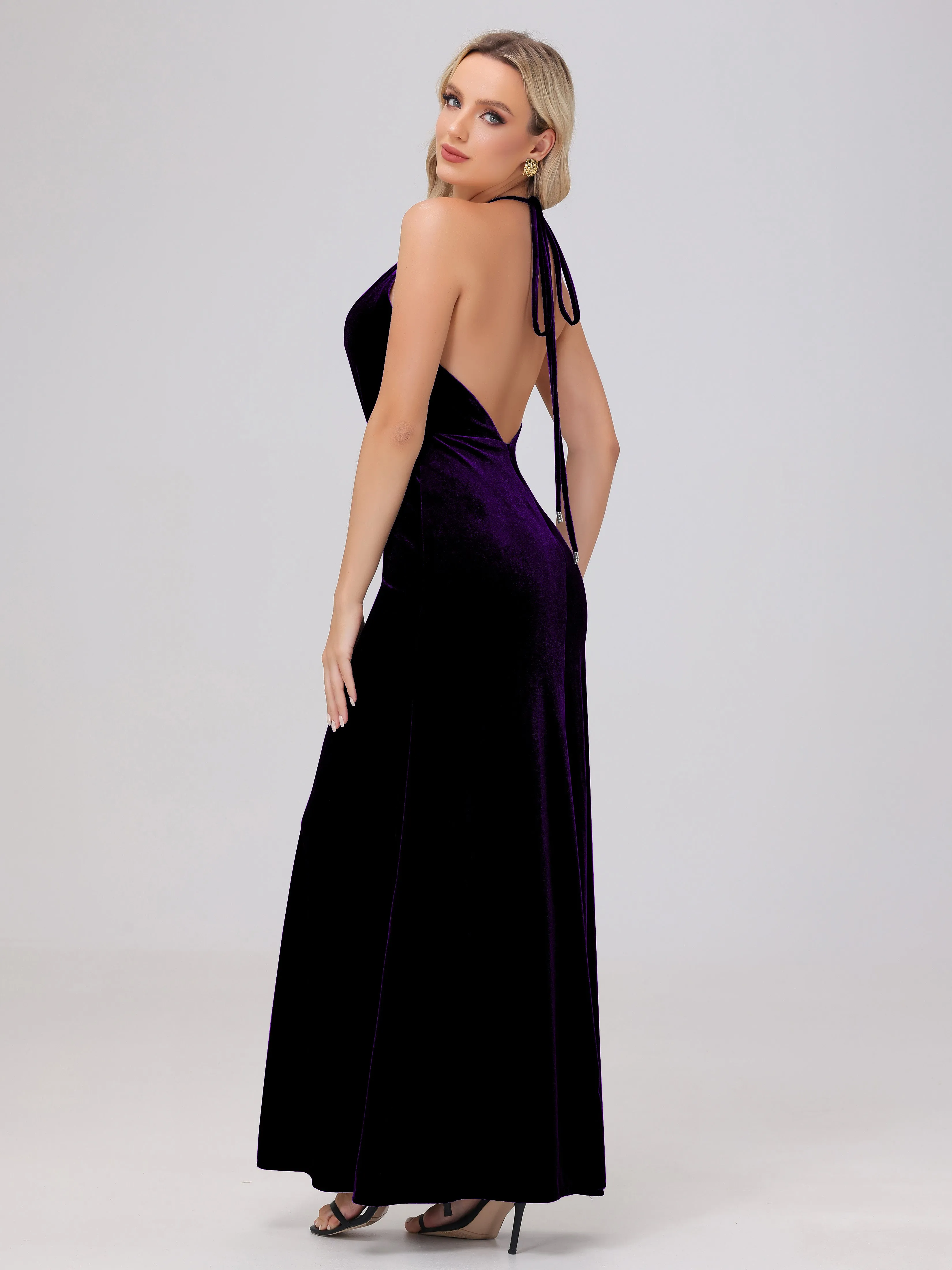 Sheath Halter Floor Length Open Back Velvet Bridesmaid Dresses
