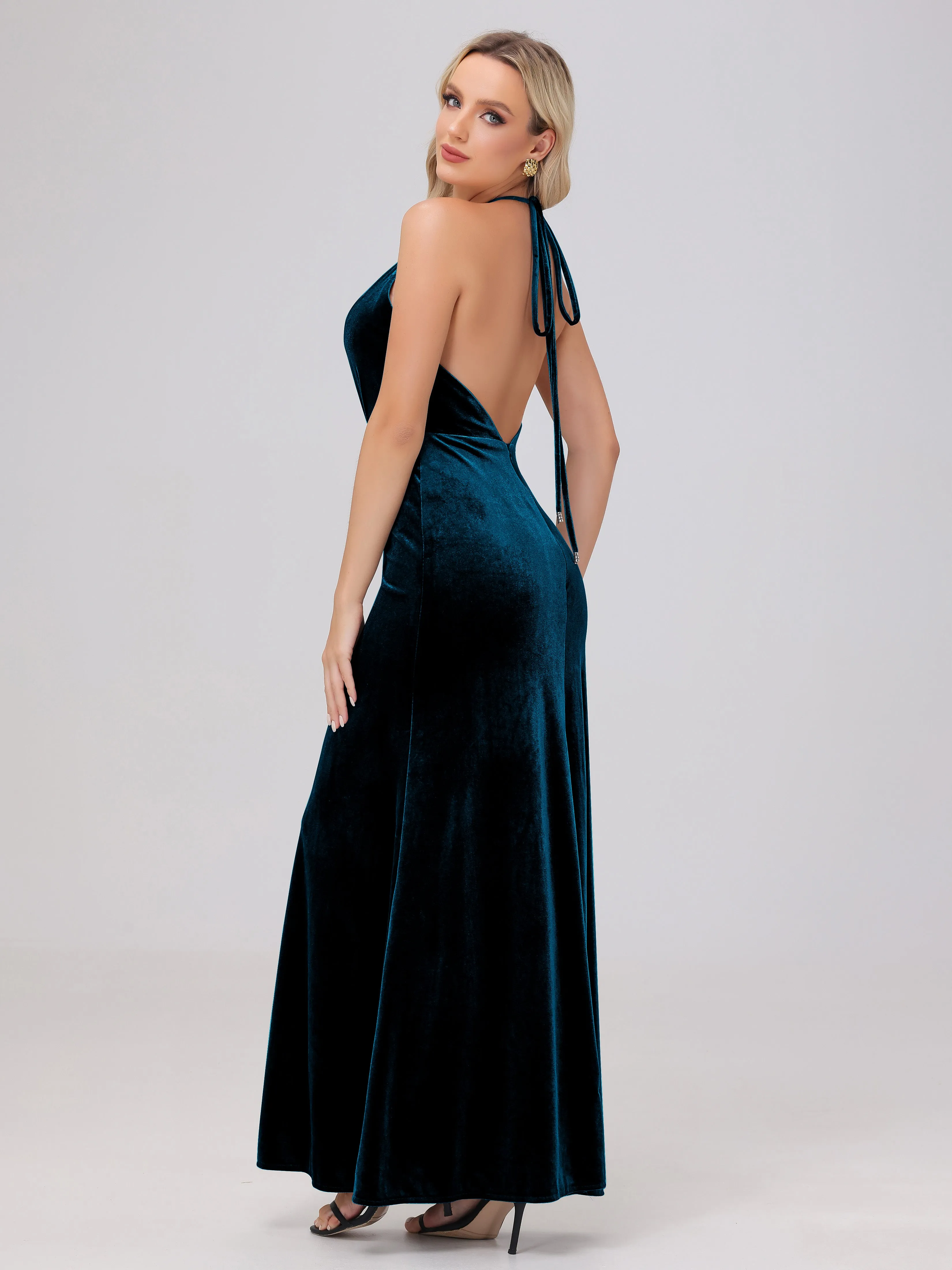 Sheath Halter Floor Length Open Back Velvet Bridesmaid Dresses