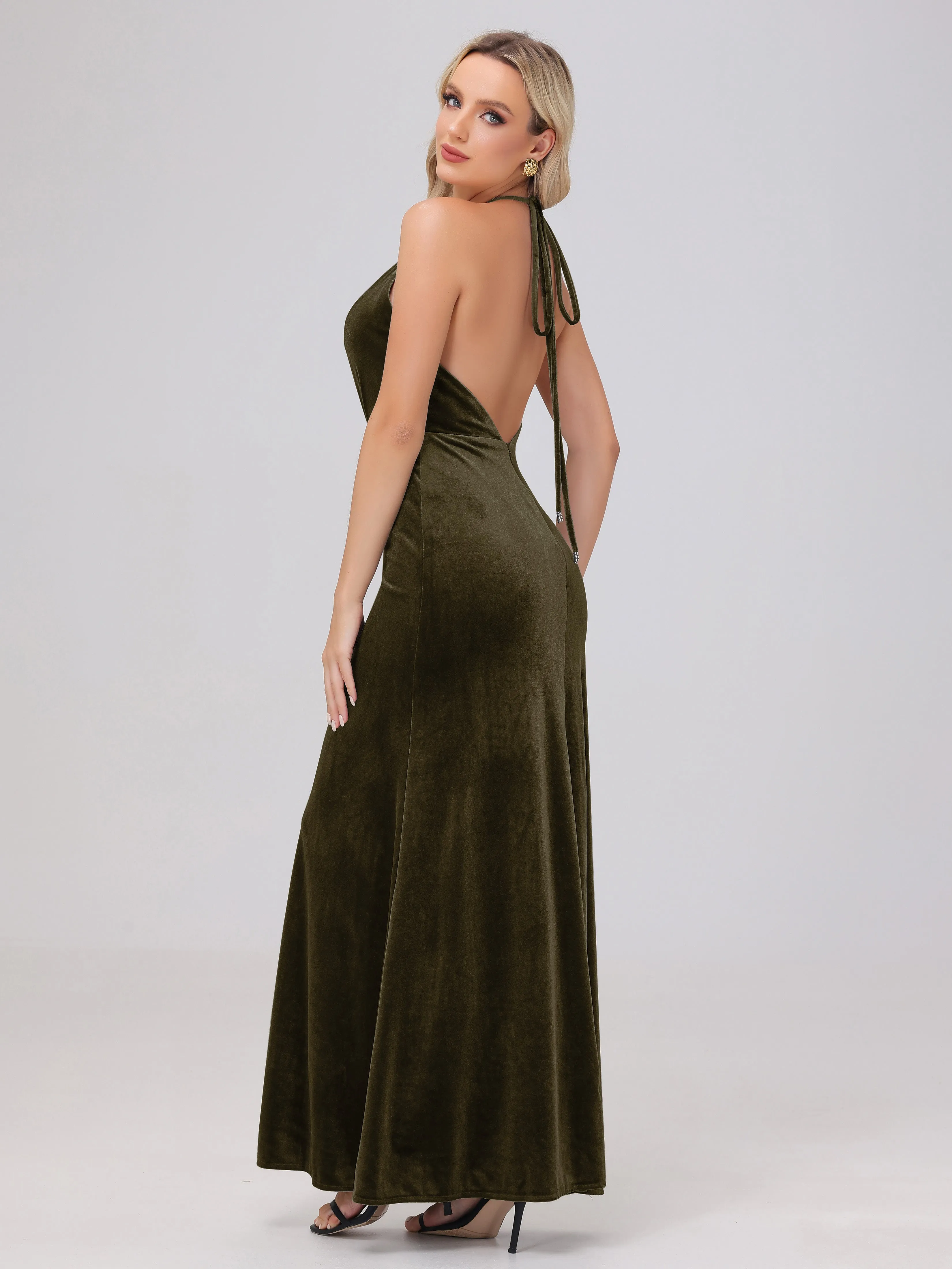 Sheath Halter Floor Length Open Back Velvet Bridesmaid Dresses
