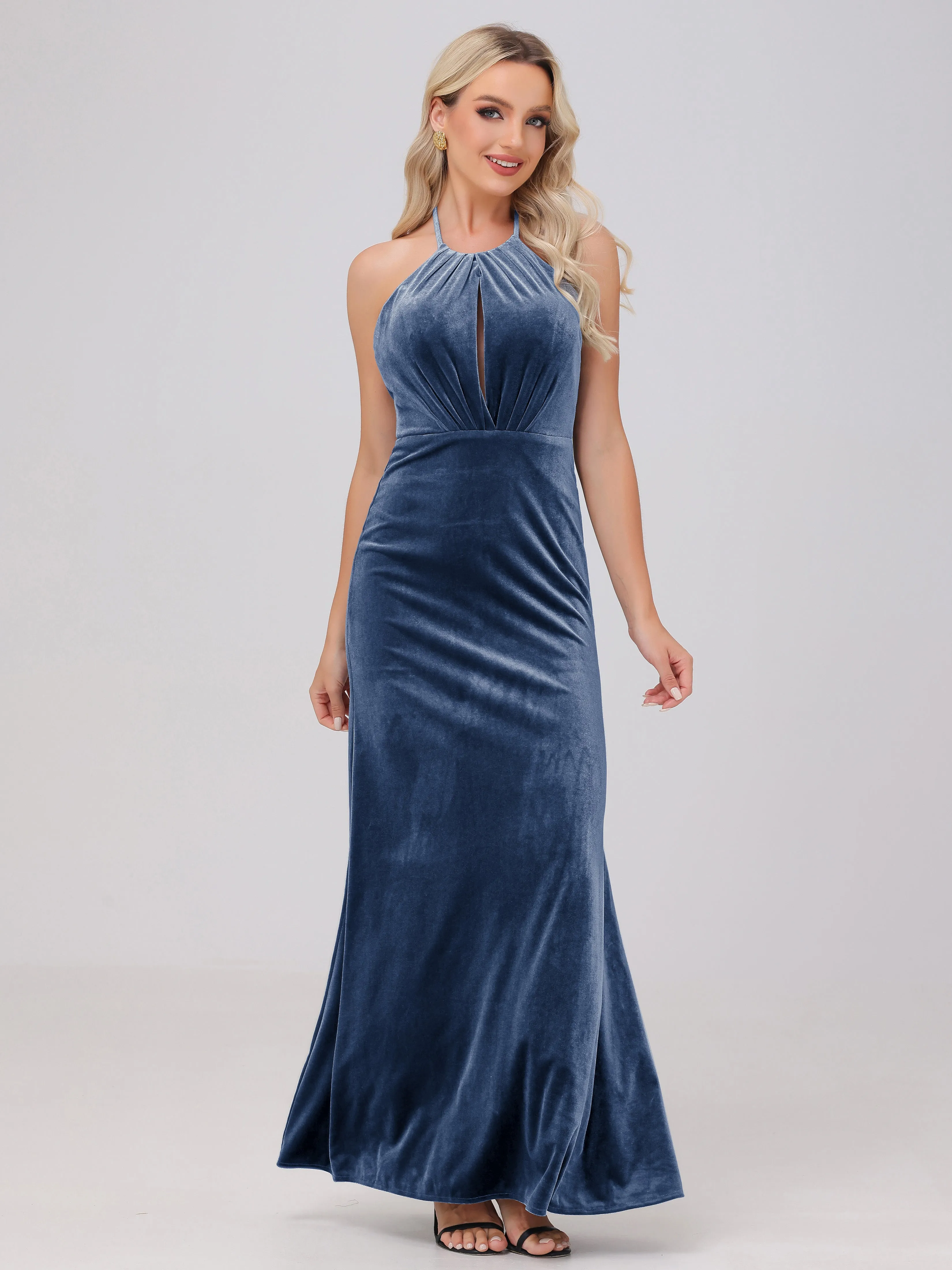 Sheath Halter Floor Length Open Back Velvet Bridesmaid Dresses