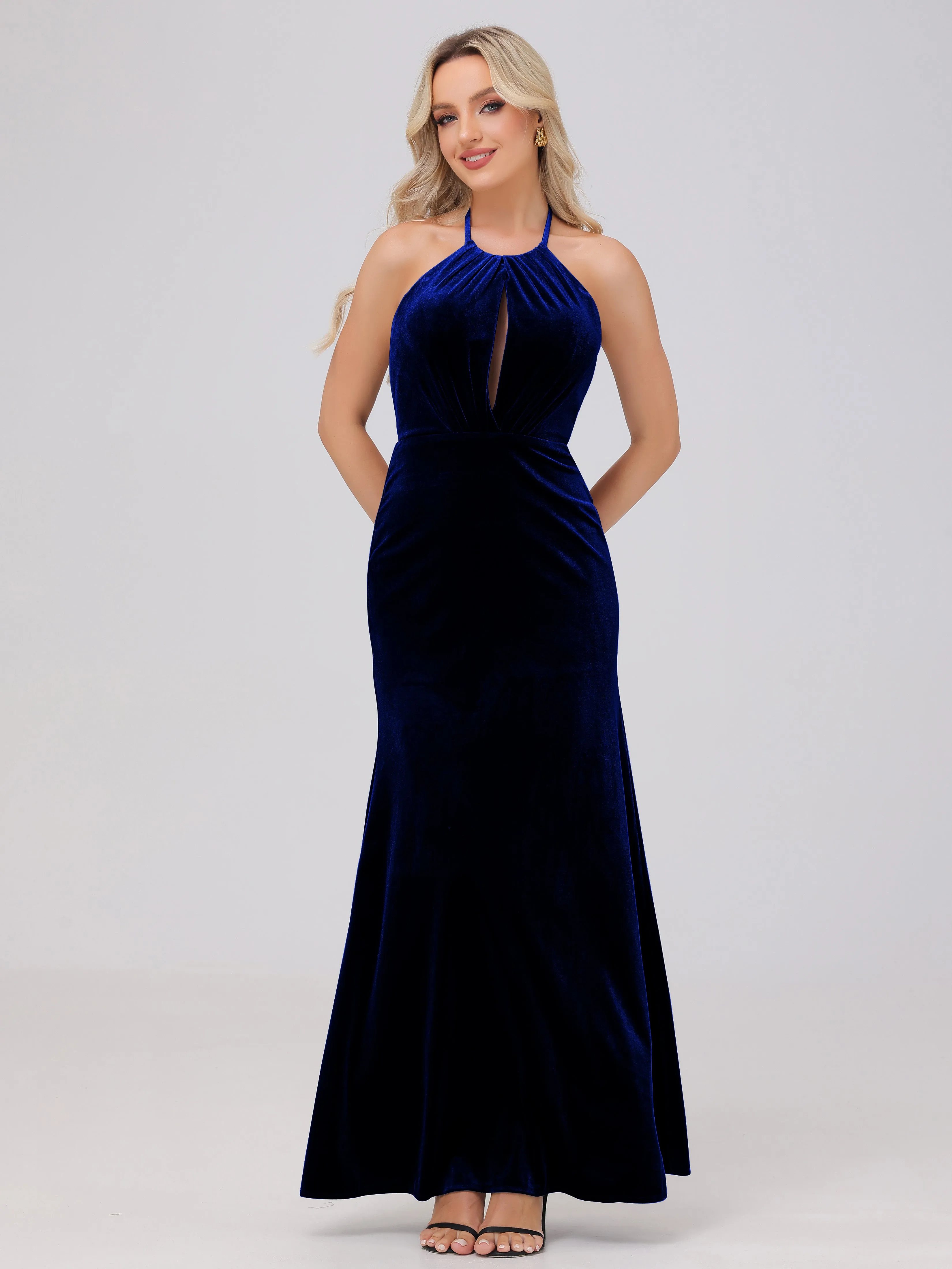 Sheath Halter Floor Length Open Back Velvet Bridesmaid Dresses