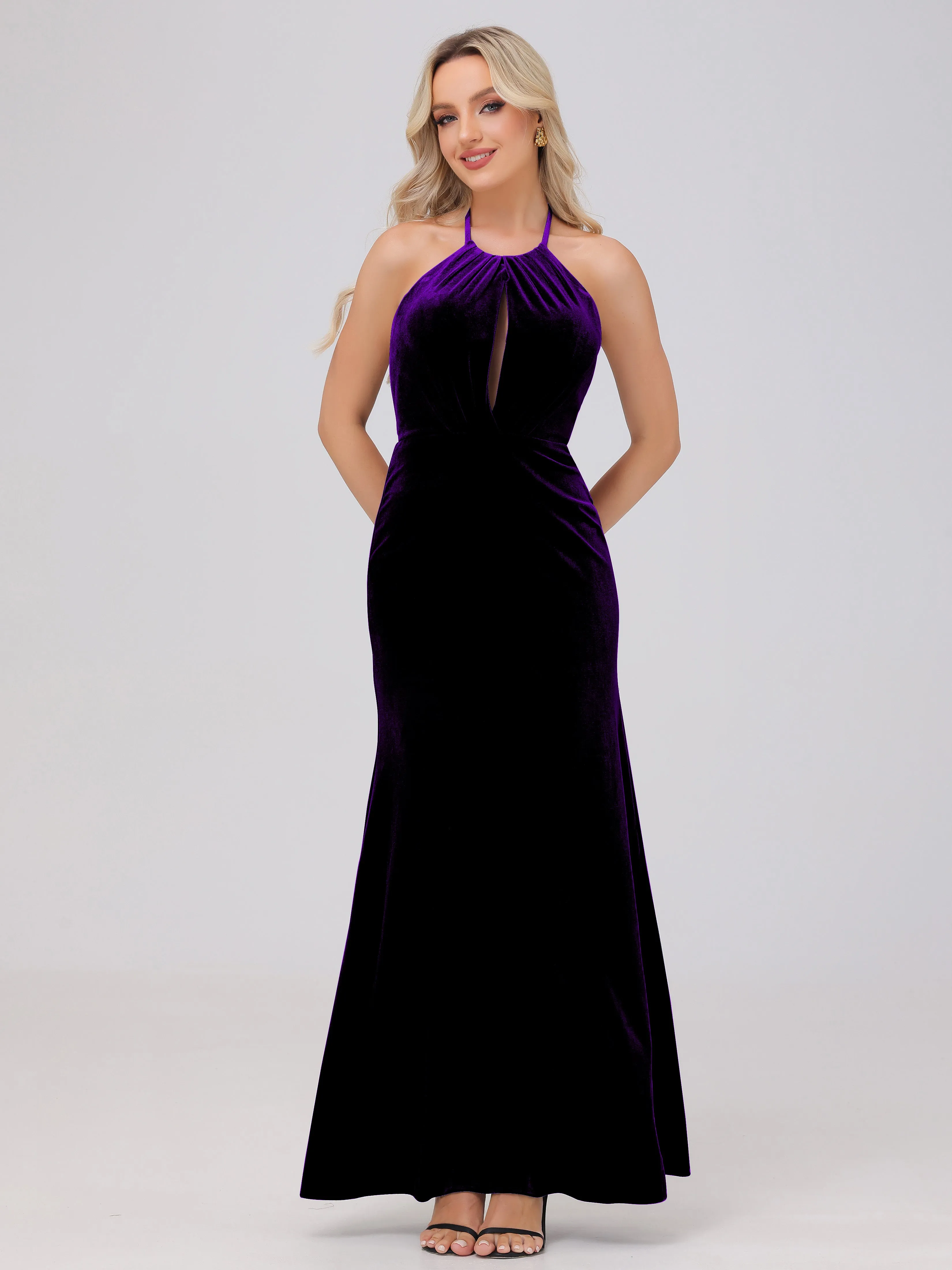 Sheath Halter Floor Length Open Back Velvet Bridesmaid Dresses