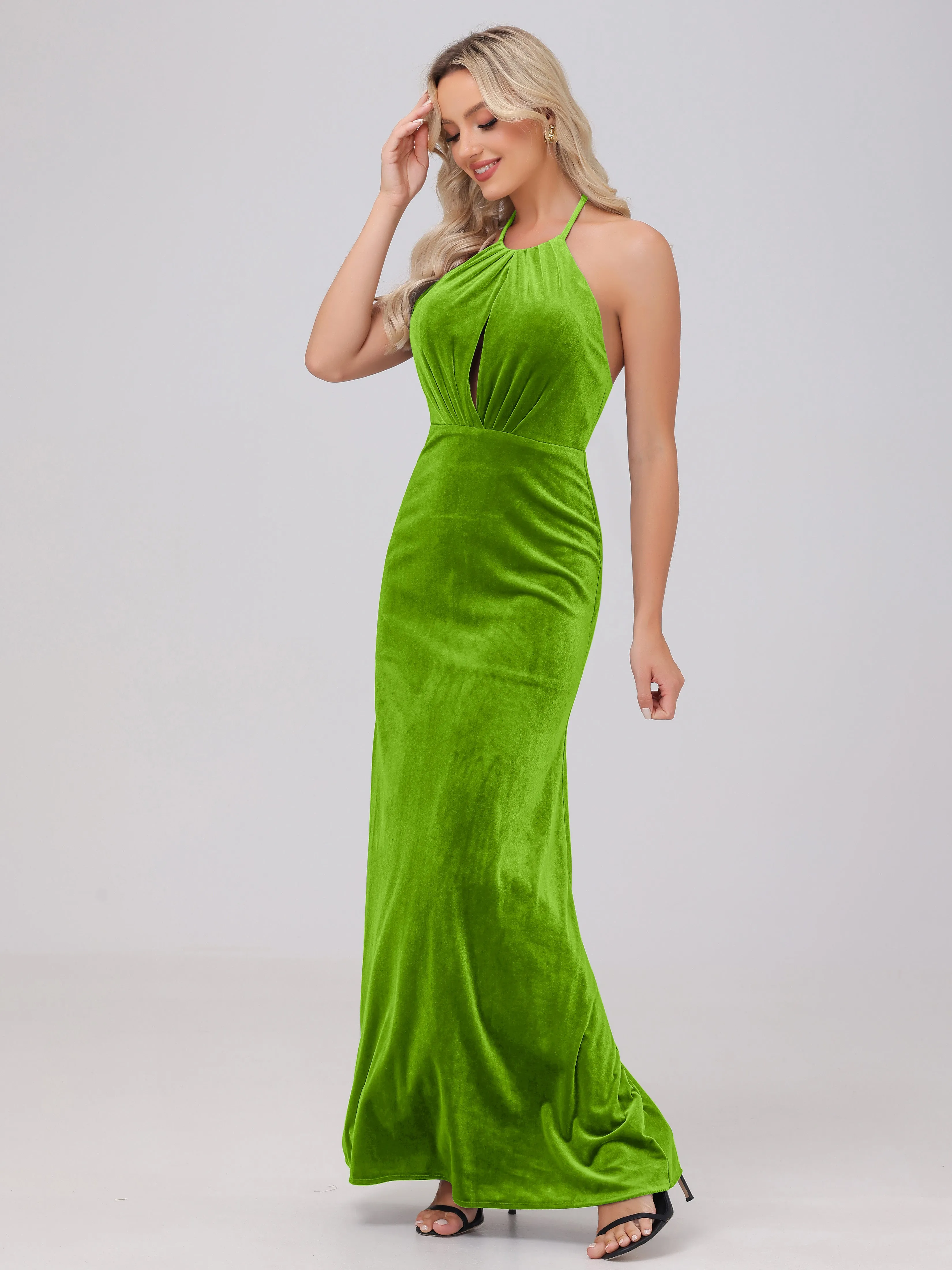 Sheath Halter Floor Length Open Back Velvet Bridesmaid Dresses