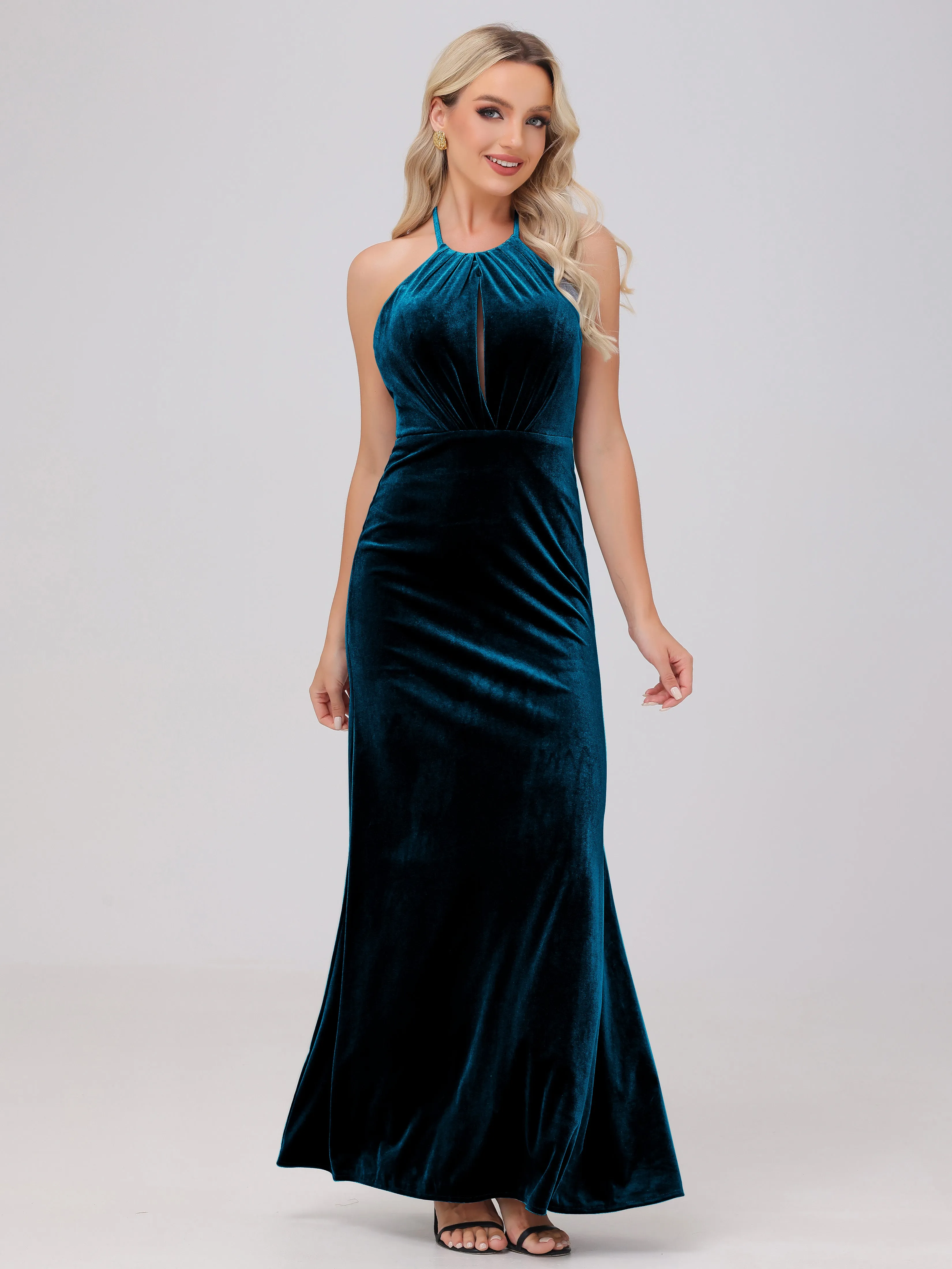 Sheath Halter Floor Length Open Back Velvet Bridesmaid Dresses