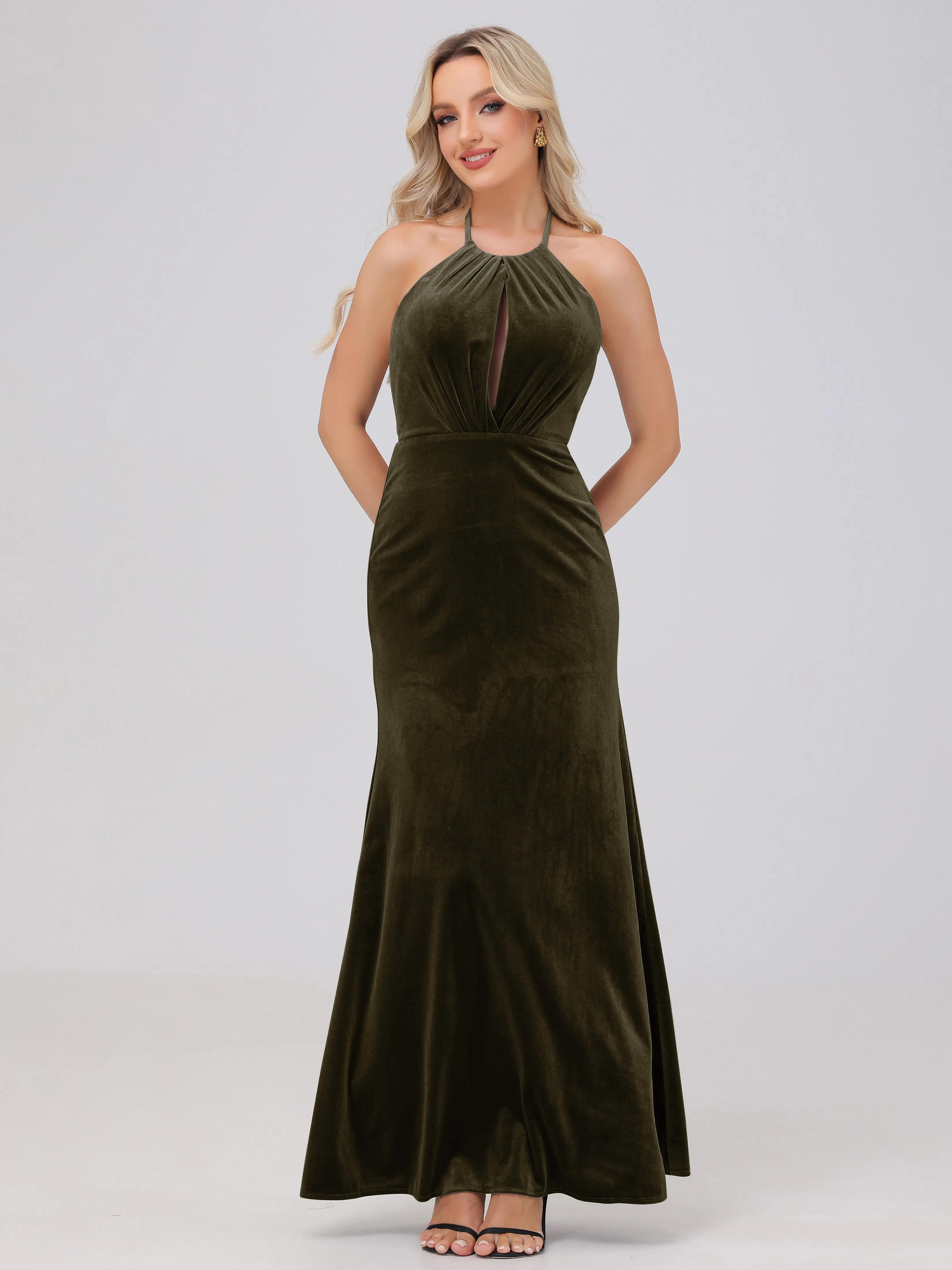 Sheath Halter Floor Length Open Back Velvet Bridesmaid Dresses