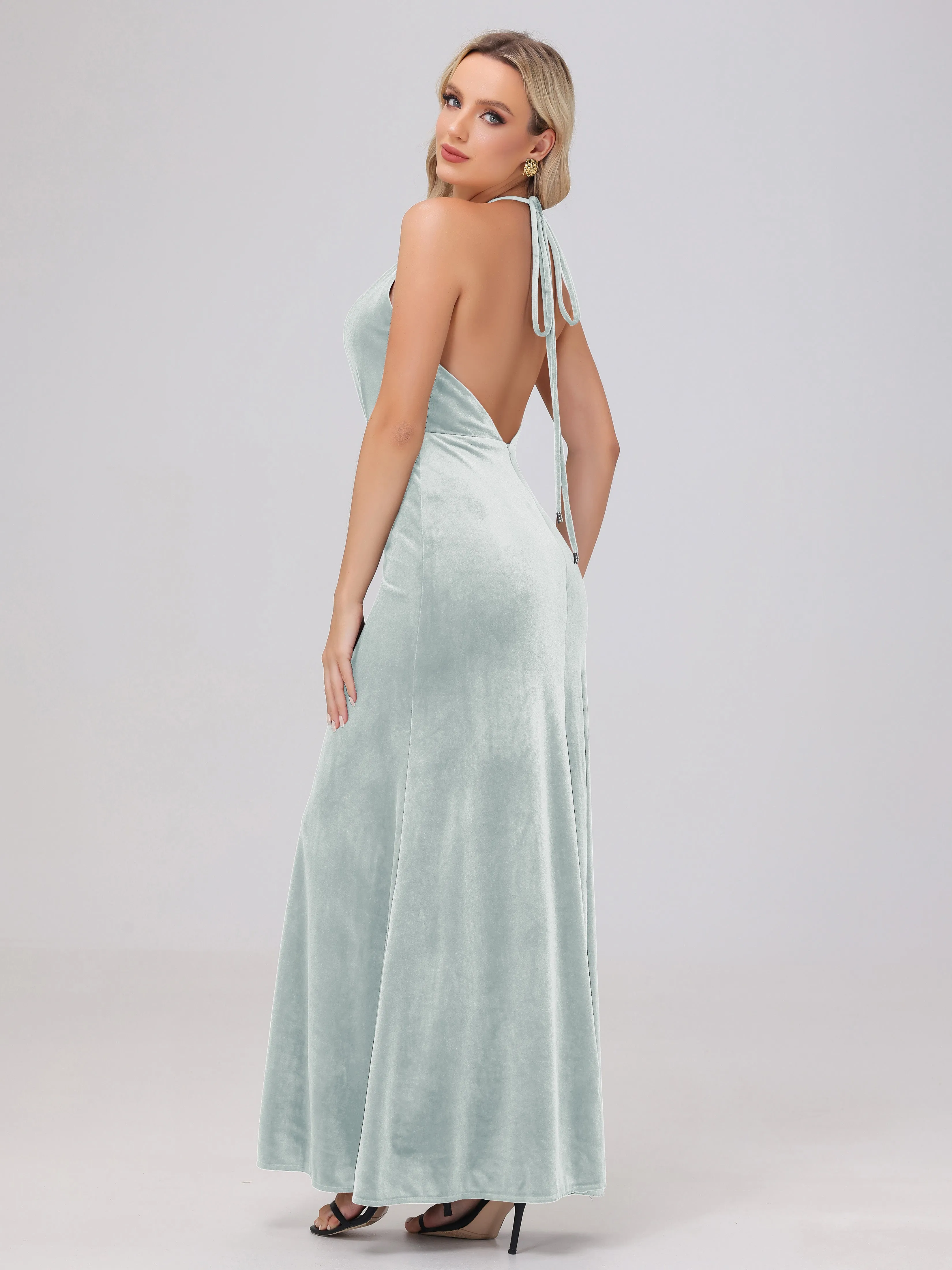 Sheath Halter Floor Length Open Back Velvet Bridesmaid Dresses
