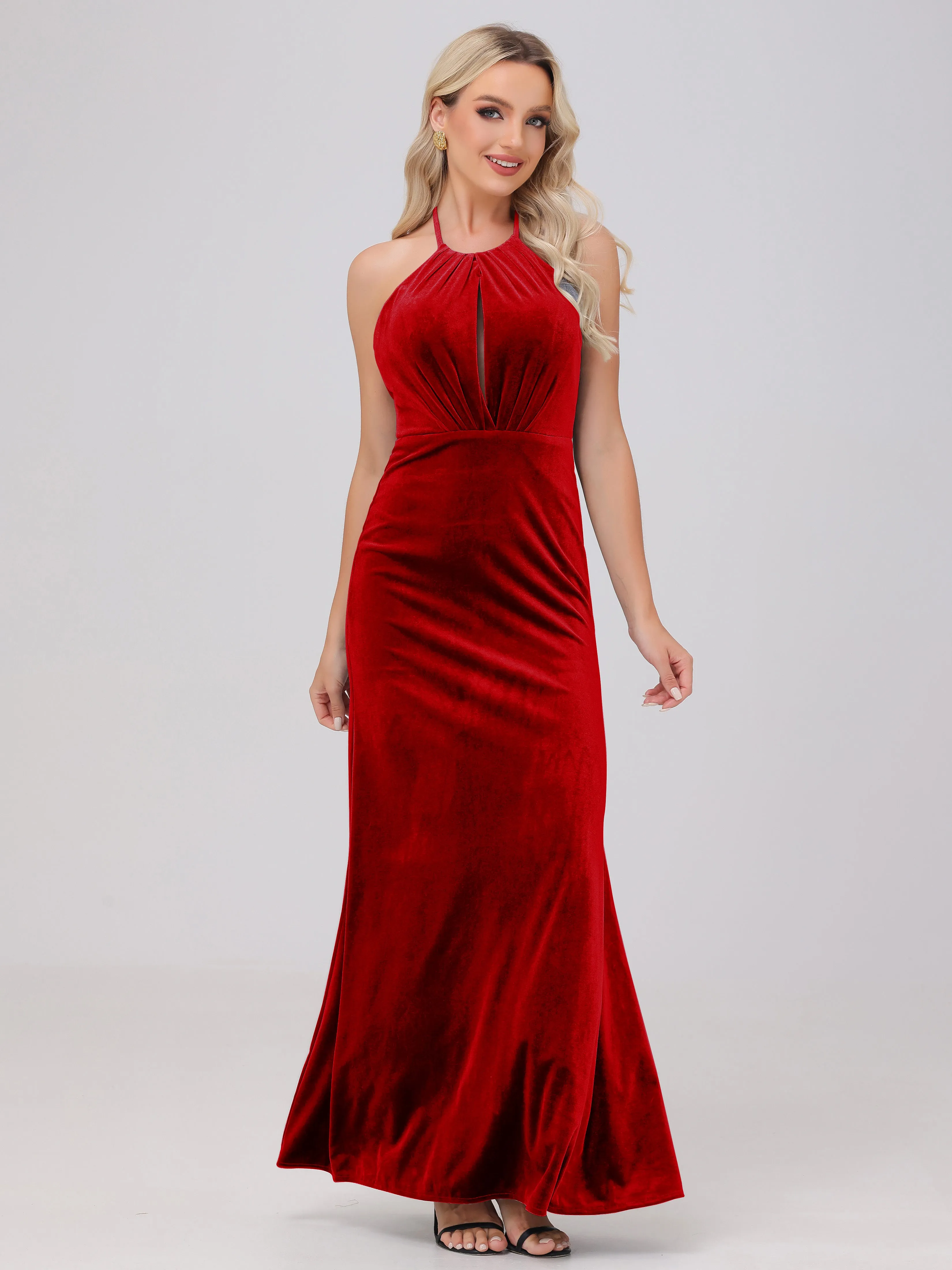 Sheath Halter Floor Length Open Back Velvet Bridesmaid Dresses