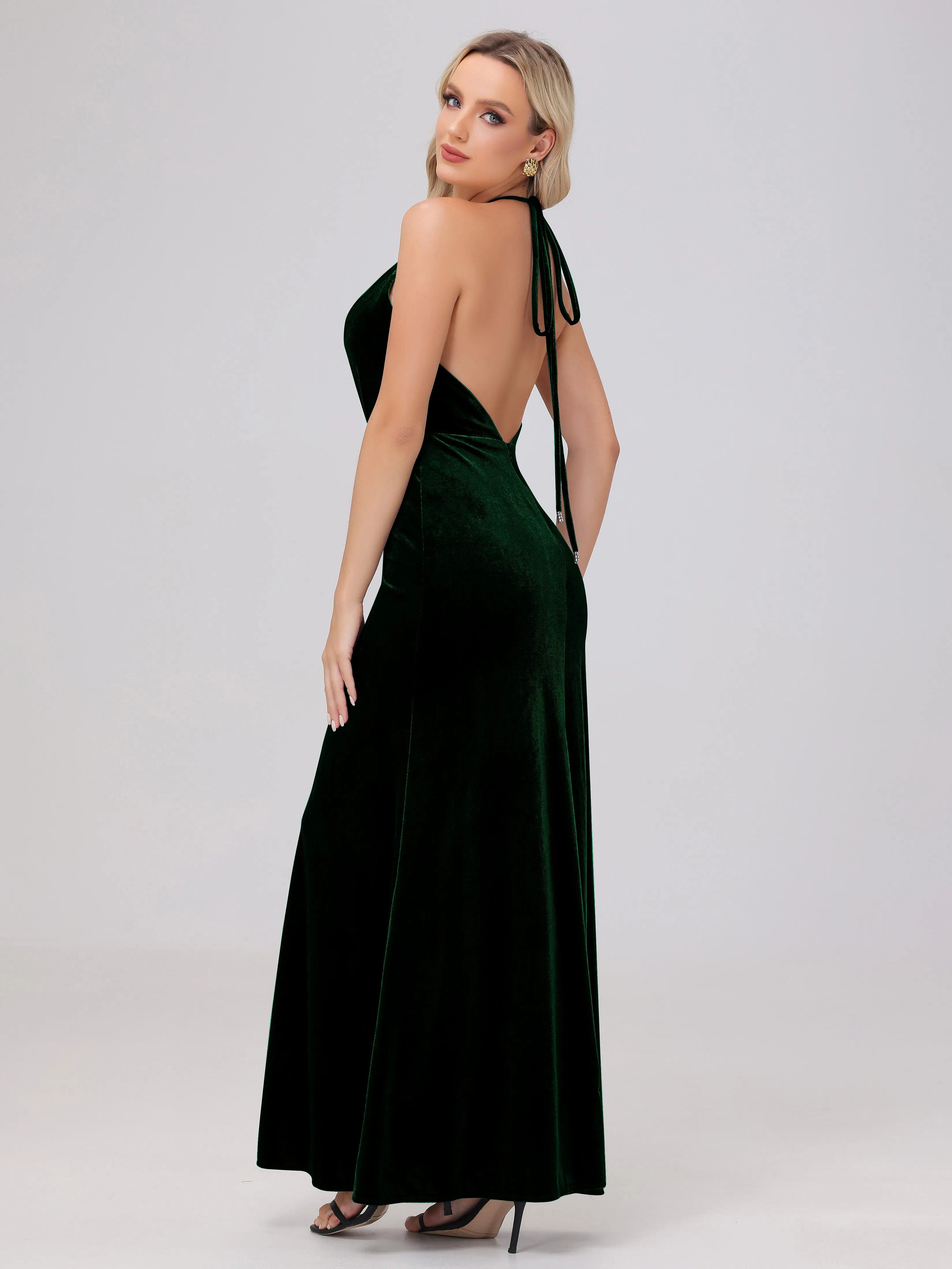 Sheath Halter Floor Length Open Back Velvet Bridesmaid Dresses