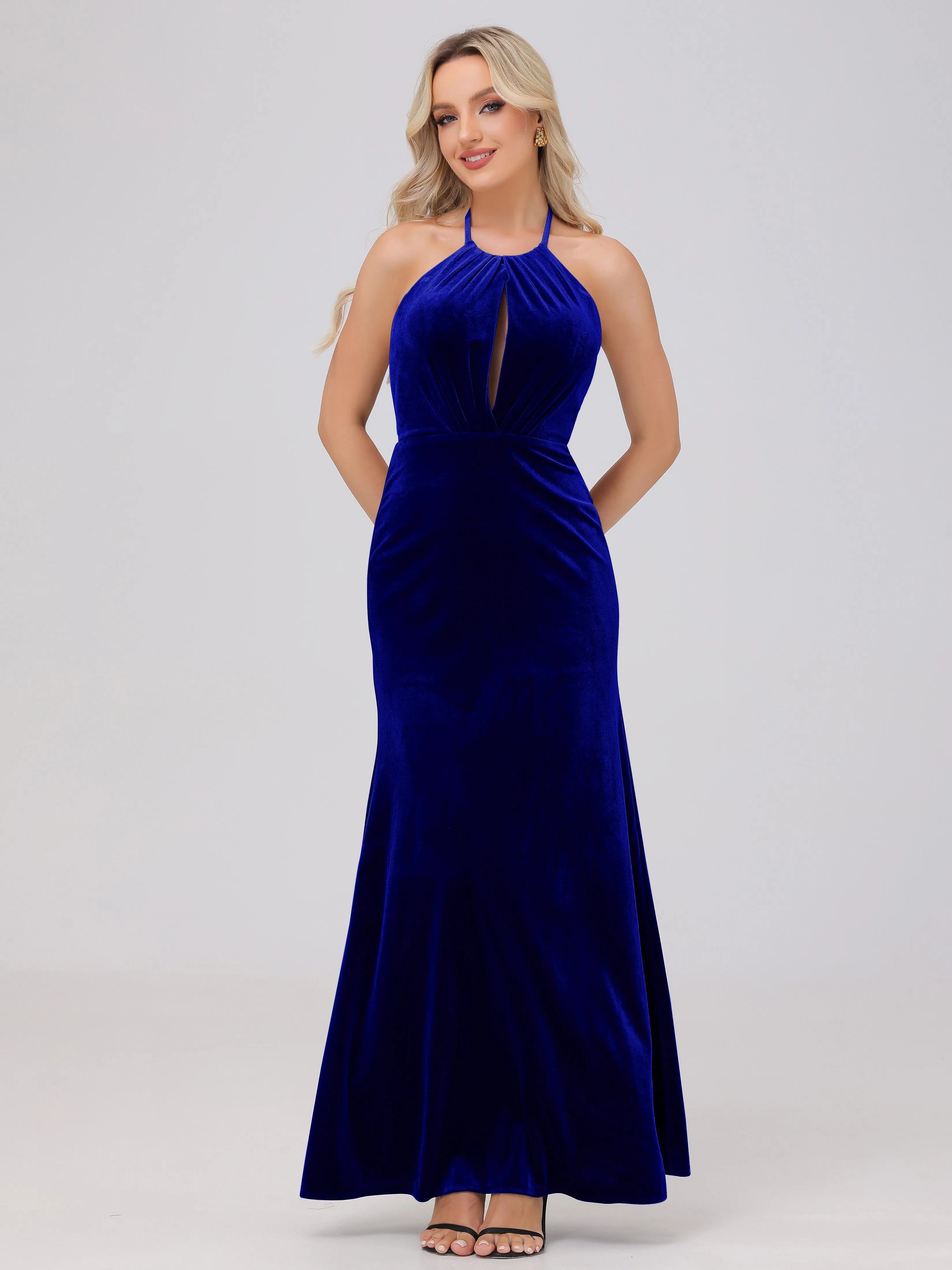 Sheath Halter Floor Length Open Back Velvet Bridesmaid Dresses