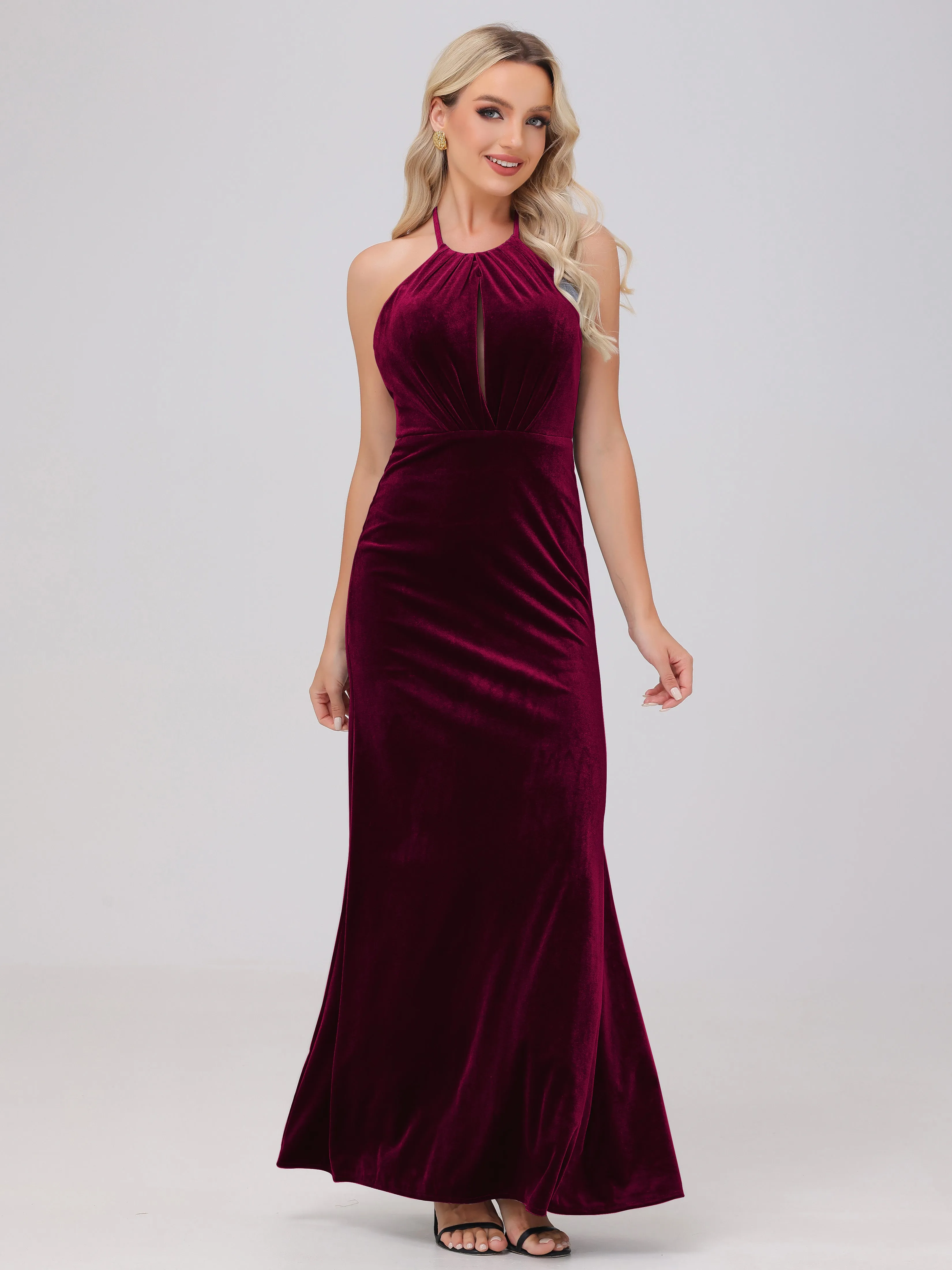 Sheath Halter Floor Length Open Back Velvet Bridesmaid Dresses