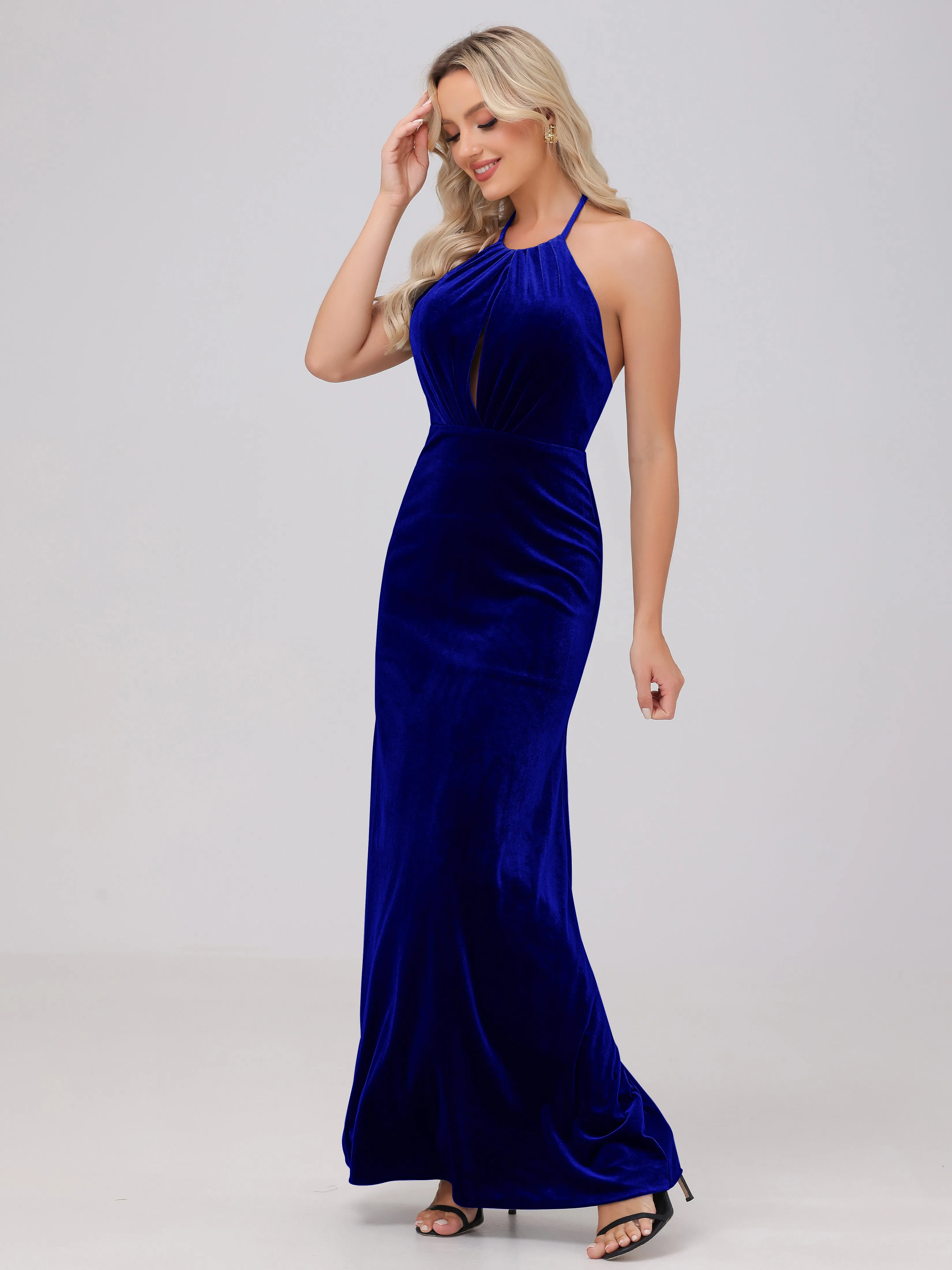 Sheath Halter Floor Length Open Back Velvet Bridesmaid Dresses