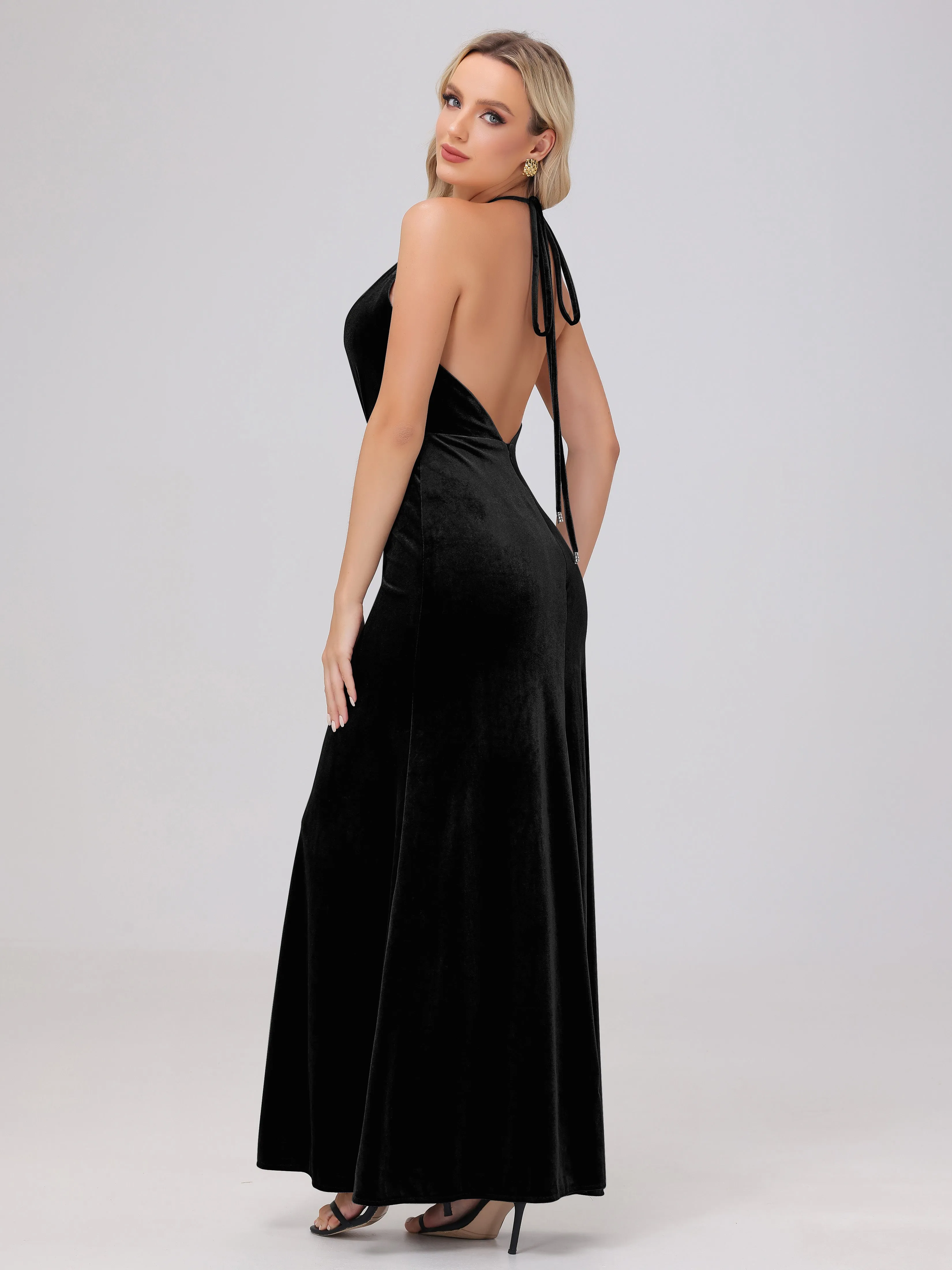 Sheath Halter Floor Length Open Back Velvet Bridesmaid Dresses