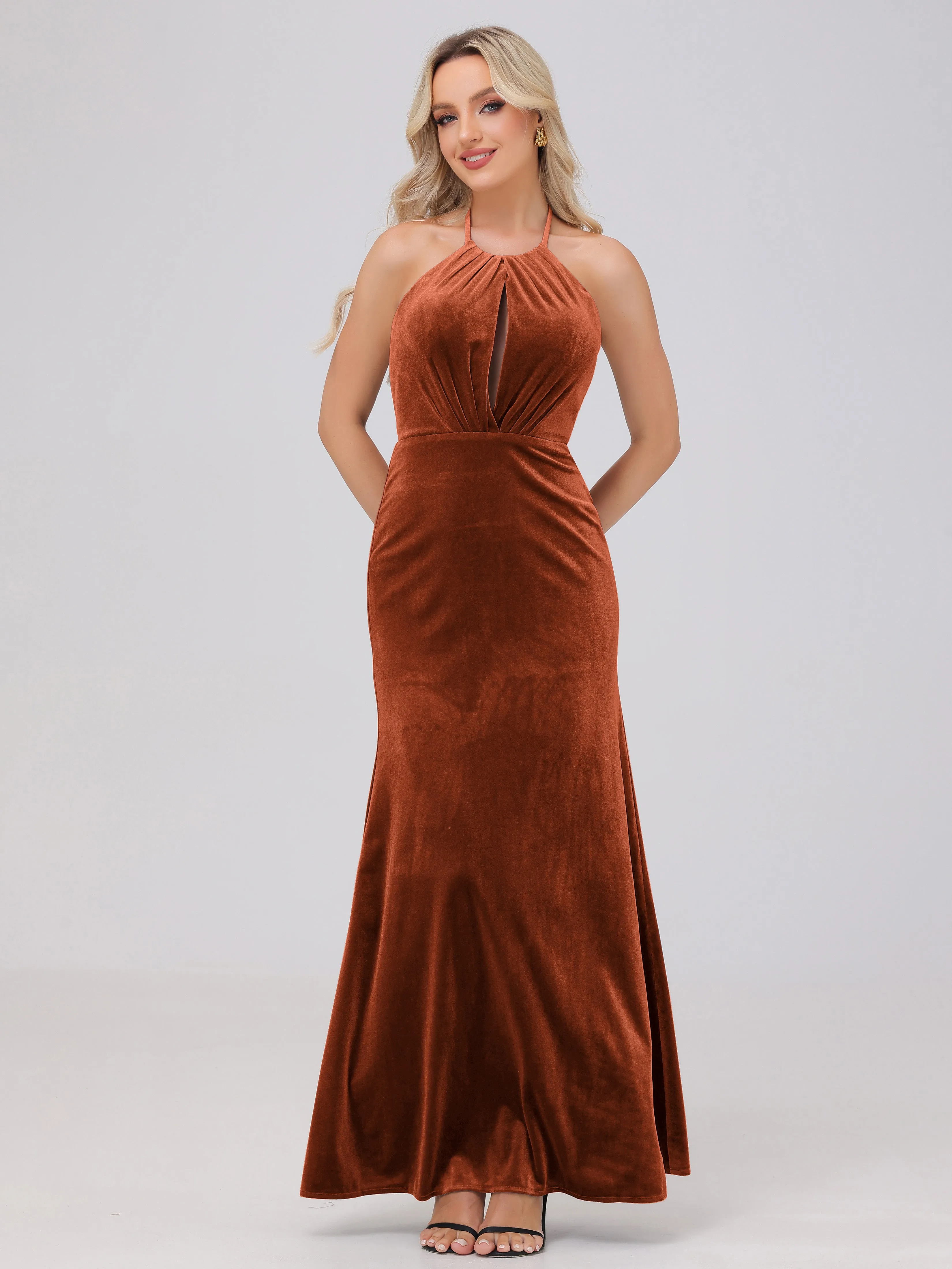 Sheath Halter Floor Length Open Back Velvet Bridesmaid Dresses