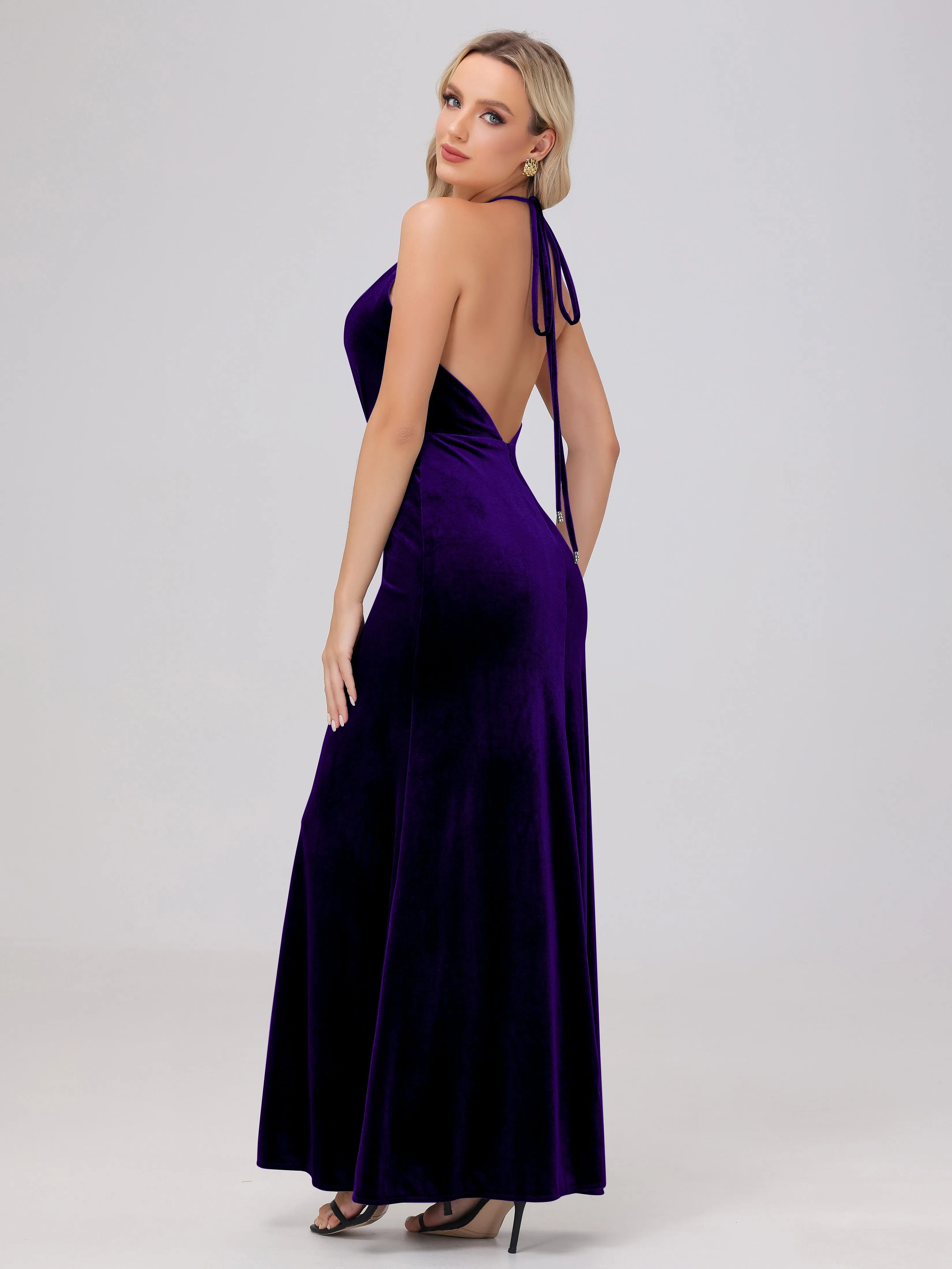 Sheath Halter Floor Length Open Back Velvet Bridesmaid Dresses