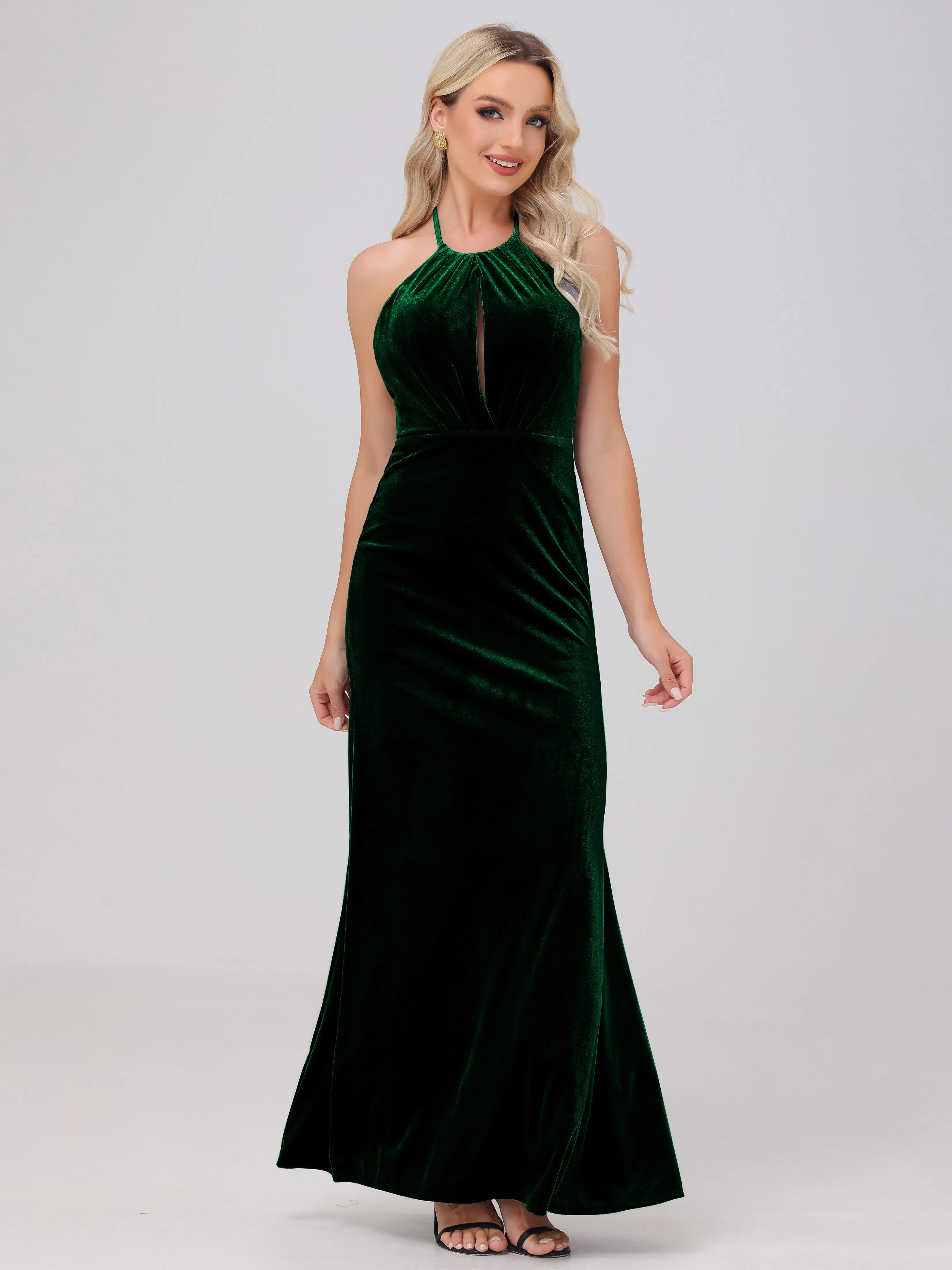 Sheath Halter Floor Length Open Back Velvet Bridesmaid Dresses
