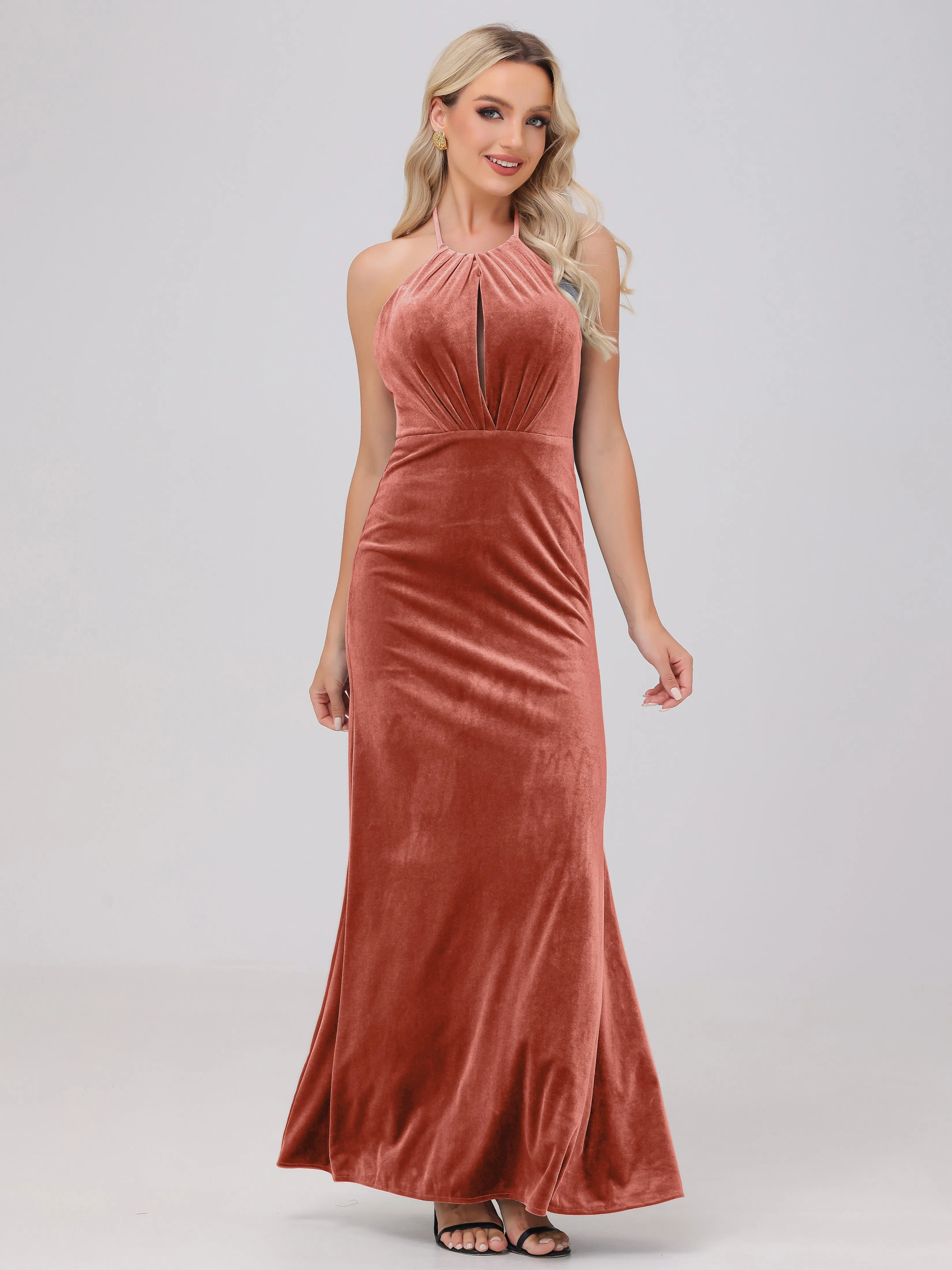 Sheath Halter Floor Length Open Back Velvet Bridesmaid Dresses