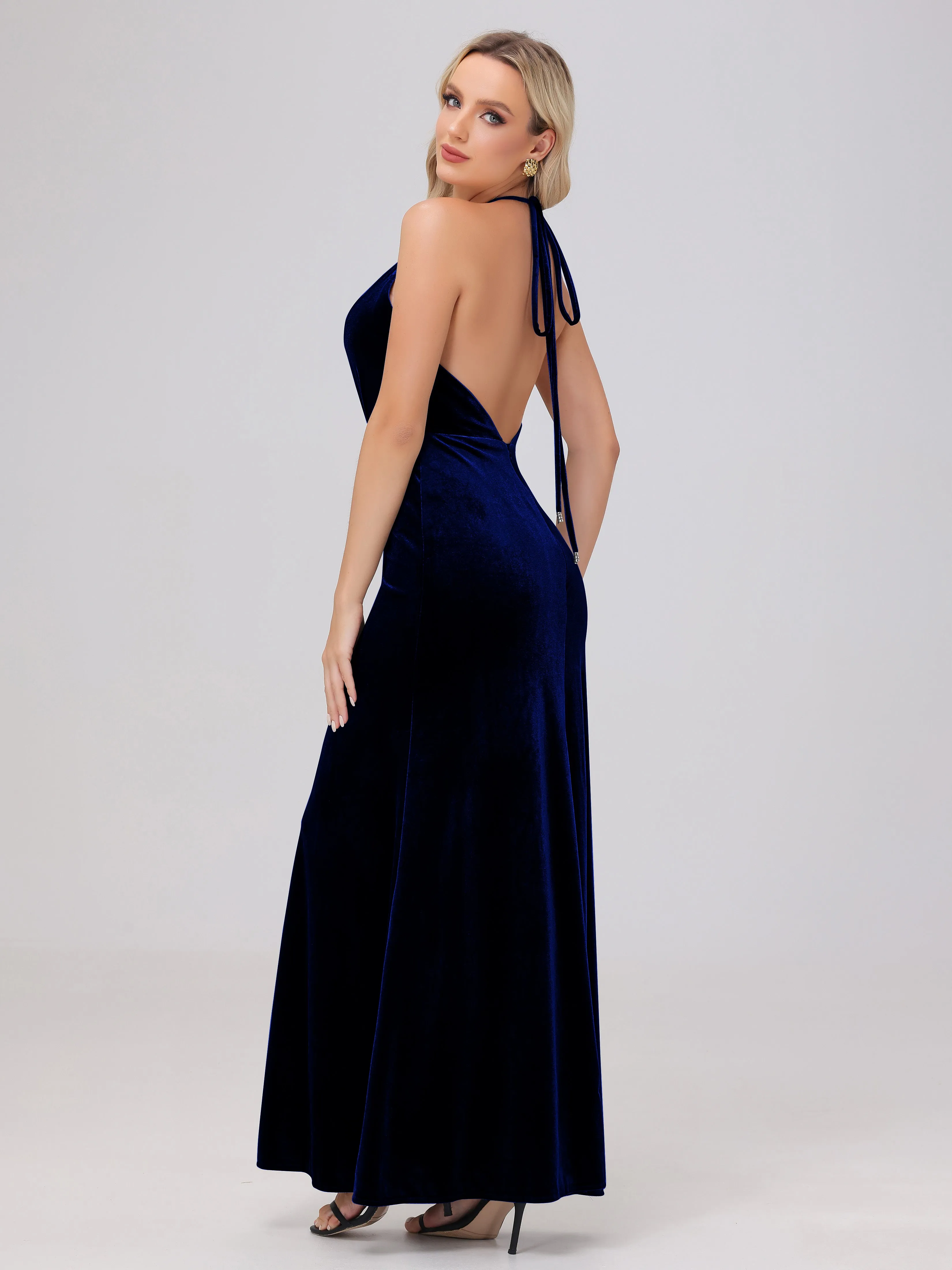 Sheath Halter Floor Length Open Back Velvet Bridesmaid Dresses